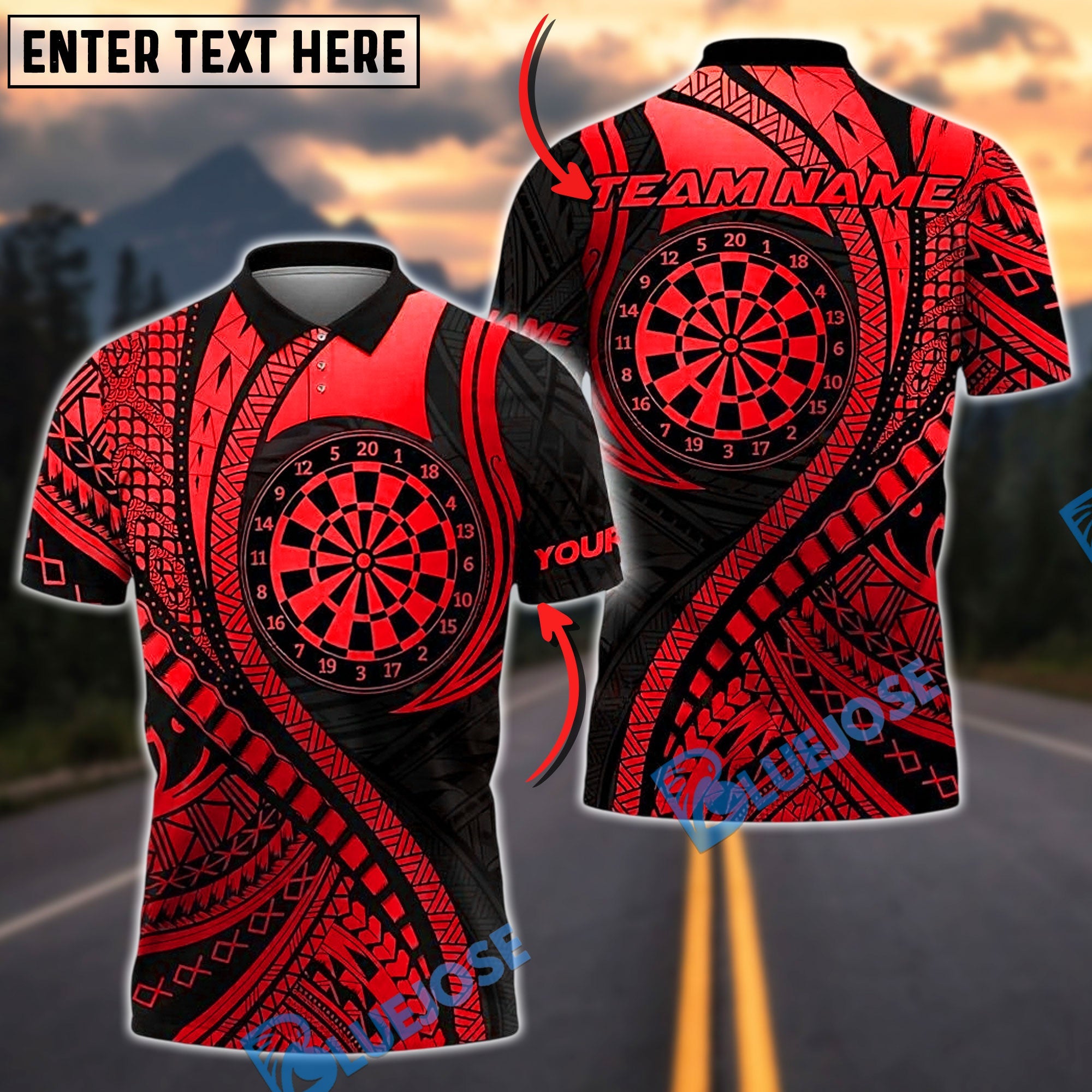 BlueJose Darts Sport Polynesian Tribal Target Mandala Personalized Name, Team Name Unisex Shirt (4 Colors)