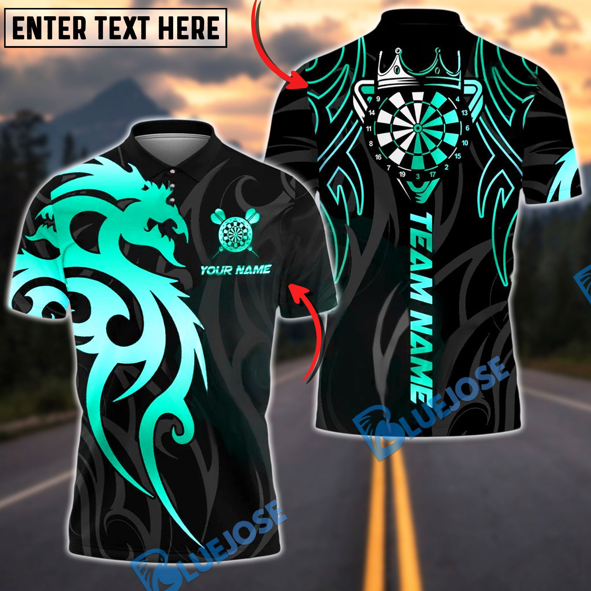 BlueJose Darts Sport Dragon Tribal Crown Personalized Name, Team Name Unisex Shirt (4 Colors)