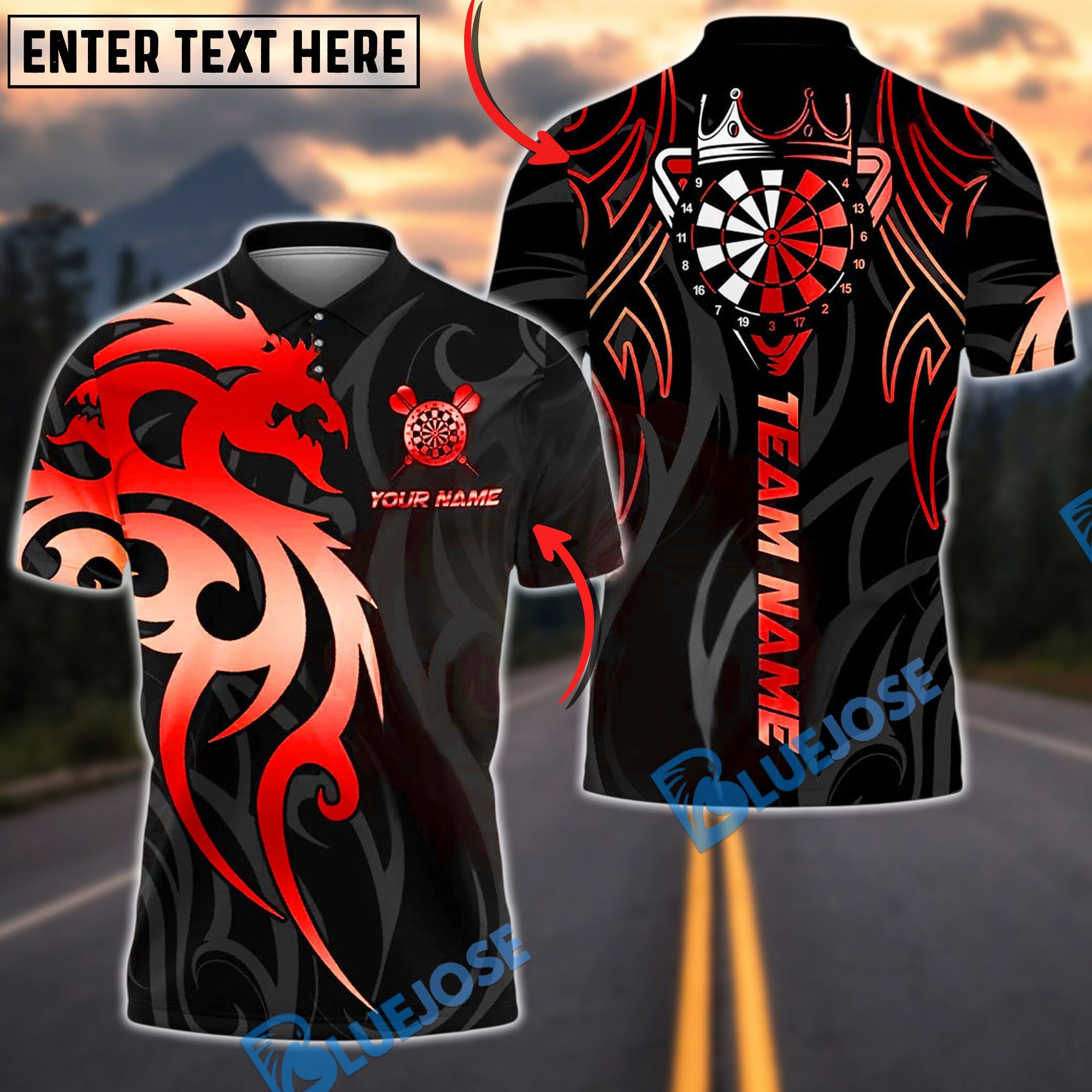 BlueJose Darts Sport Dragon Tribal Crown Personalized Name, Team Name Unisex Shirt (4 Colors)