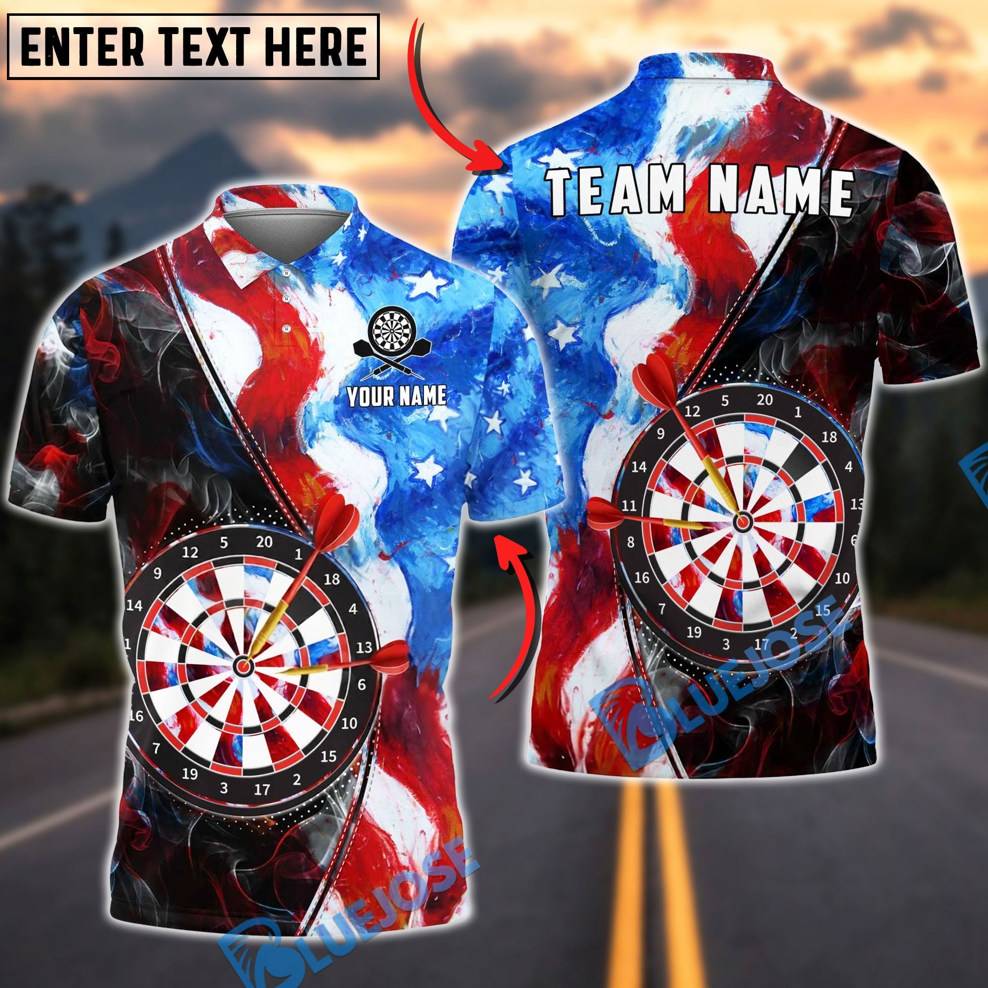 BlueJose Darts American Flag Dartboard Paint Point Personalized Name Shirt