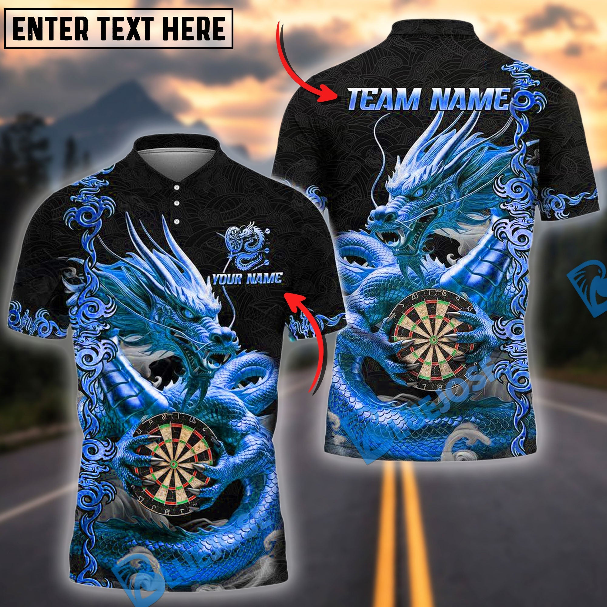 BlueJose Darts Dragon Golden Attire Personalized Name, Team Name Shirt (4 Colors)