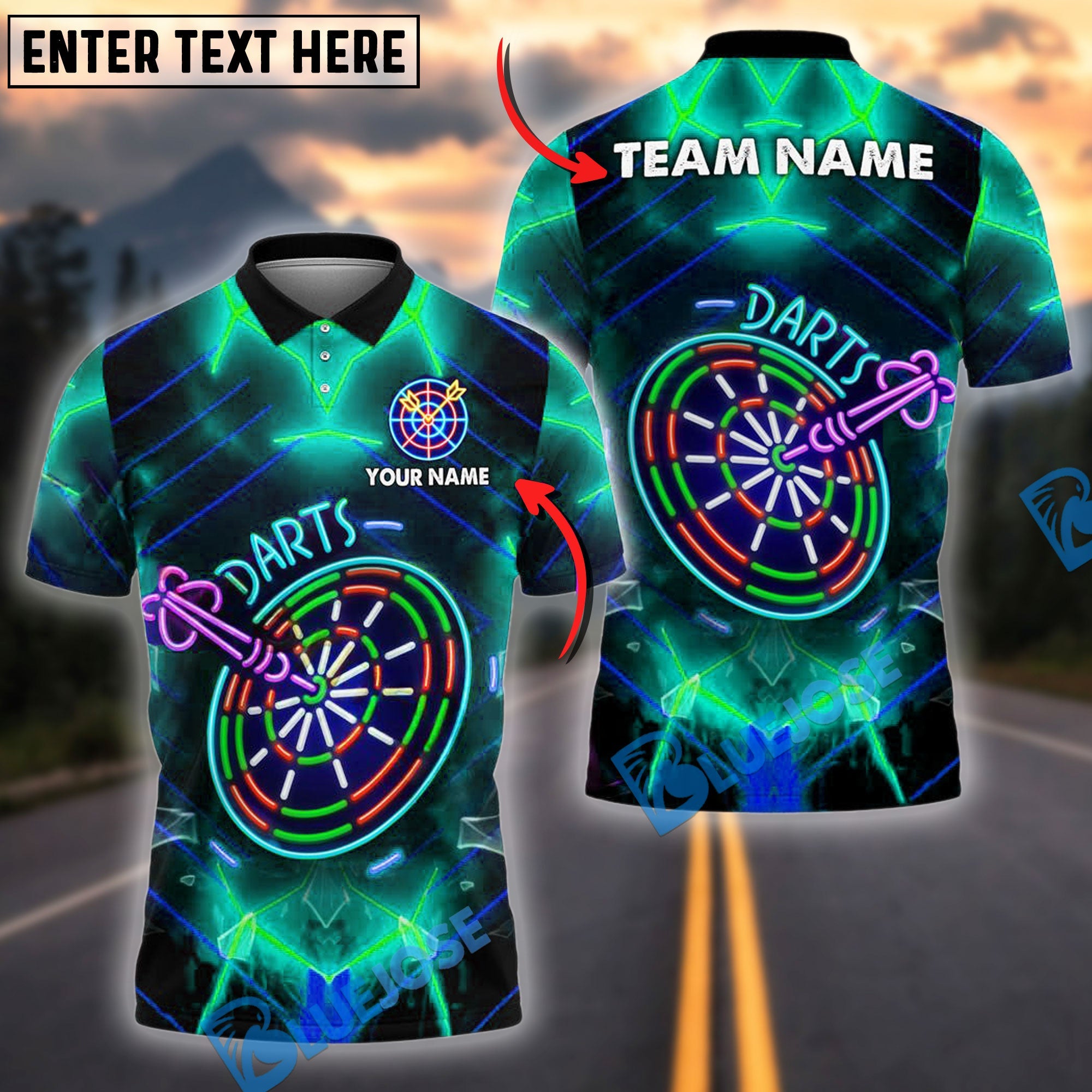 BlueJose Darts Neon Glow Personalized Name, Team Name Shirt (4 Colors)