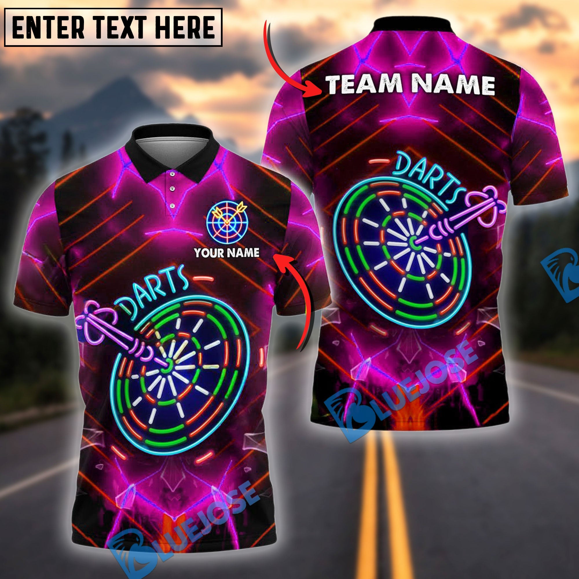 BlueJose Darts Neon Glow Personalized Name, Team Name Shirt (4 Colors)
