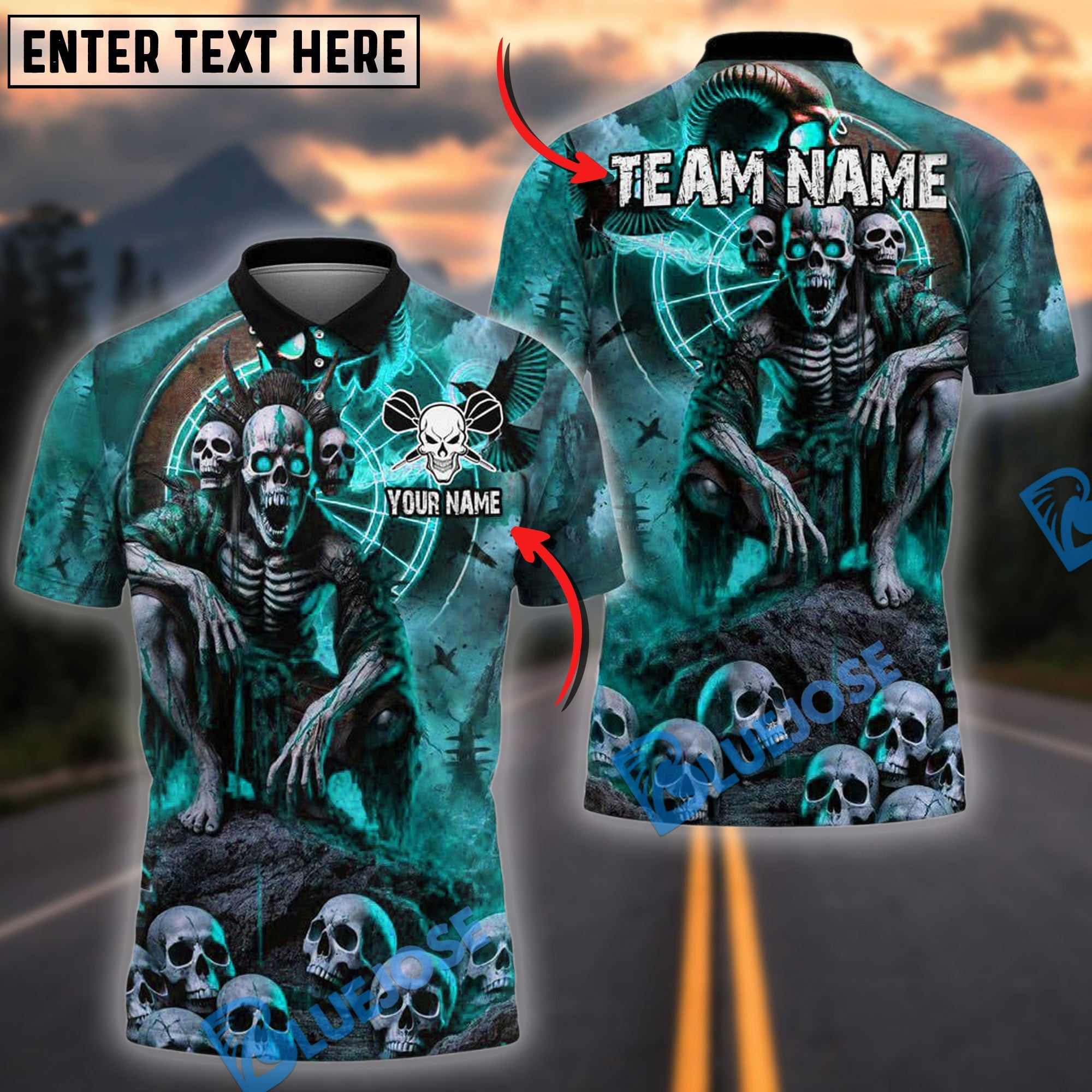 BlueJose Darts Gothic Skeleton Personalized Name, Team Name Shirt (4 Colors)