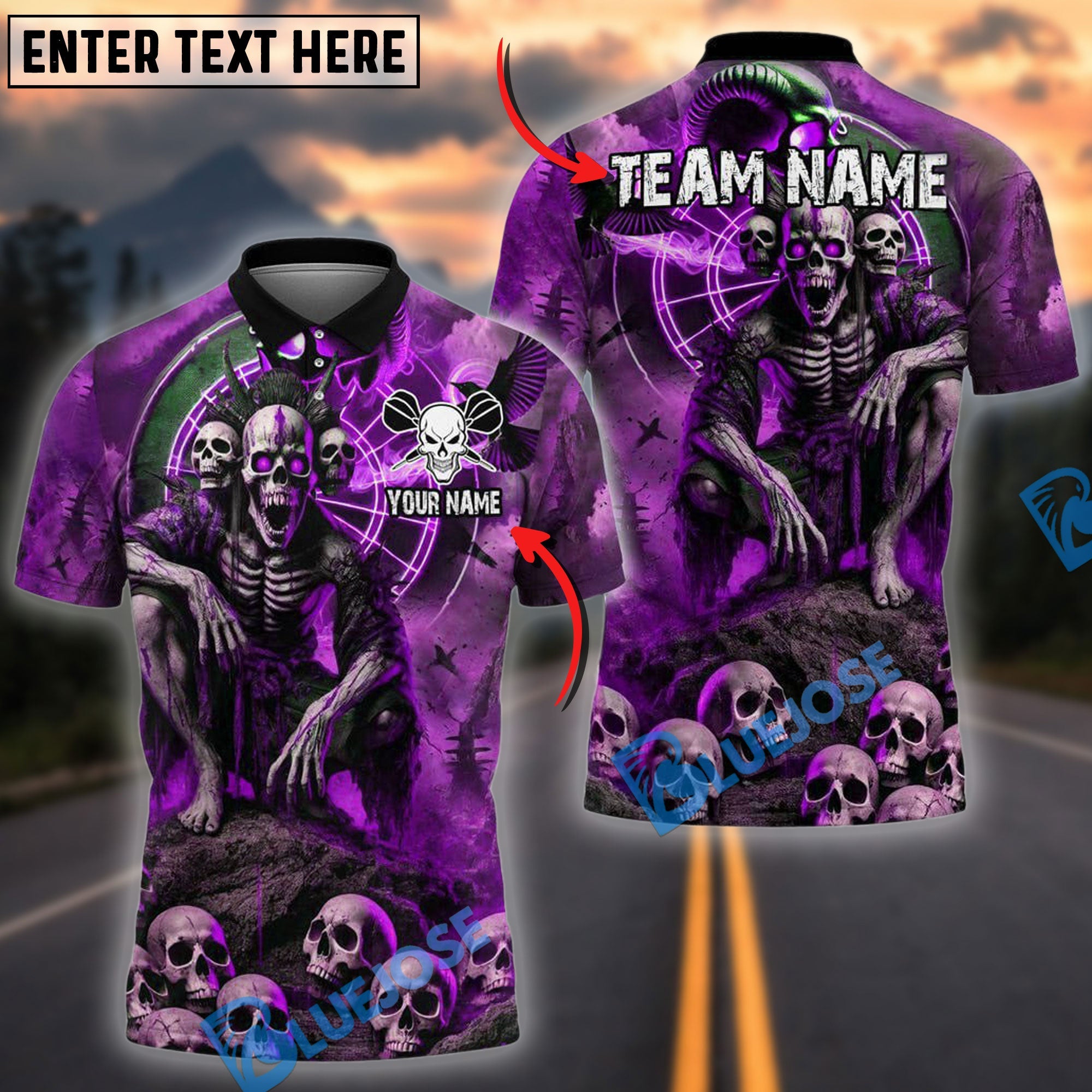 BlueJose Darts Gothic Skeleton Personalized Name, Team Name Shirt (4 Colors)