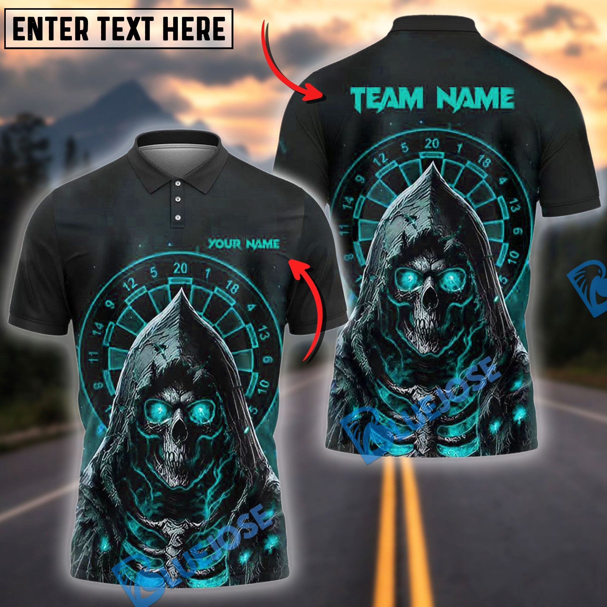 BlueJose Darts Gothic Reaper Personalized Name, Team Name Shirt (4 Colors)