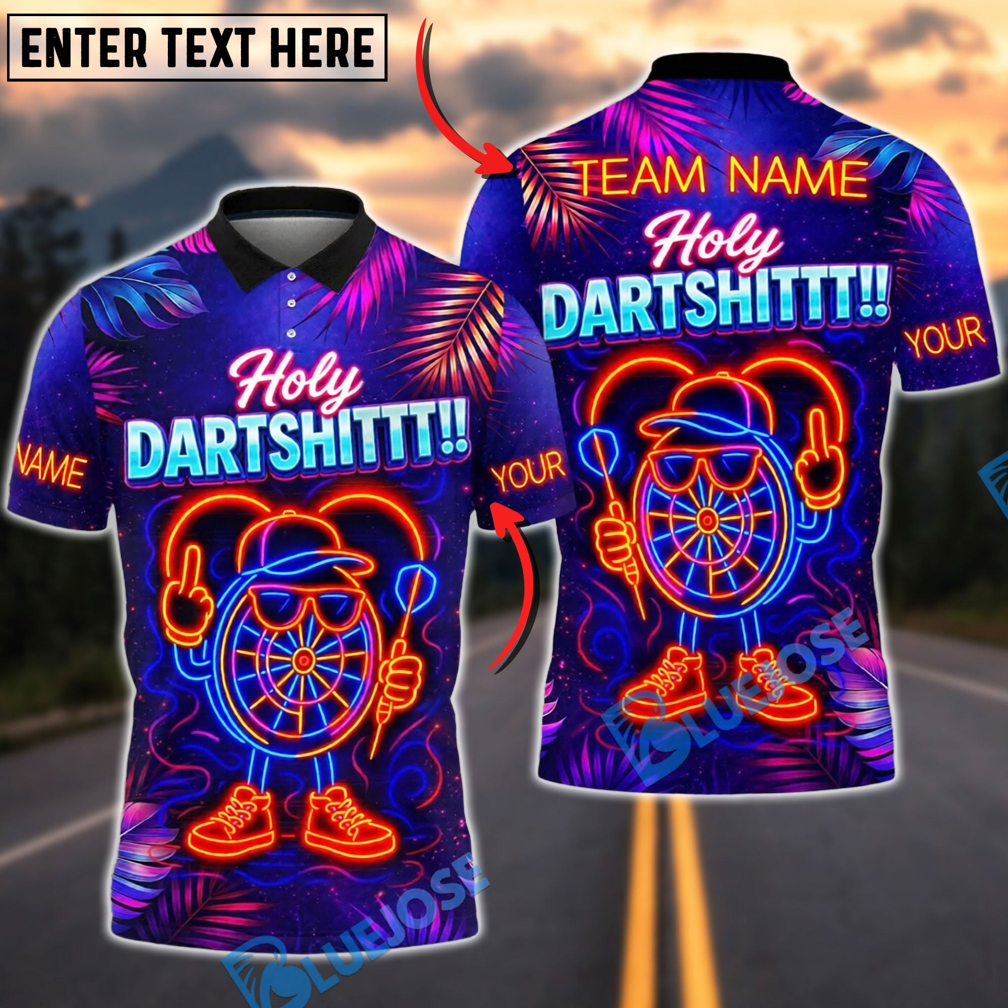 BlueJose Darts Neon Holy Dartshit Dartboard Character Design Personalized Name Shirt