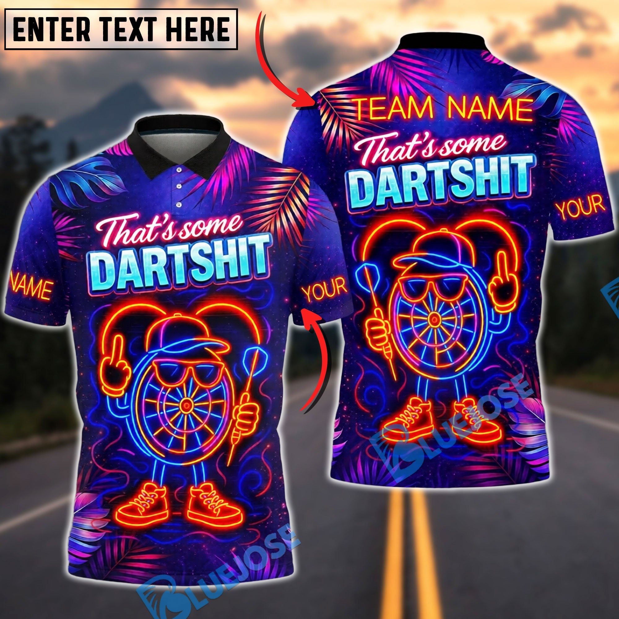 BlueJose Darts Neon That's Some Dartshit Dartboard Character Design Personalized Name Shirt