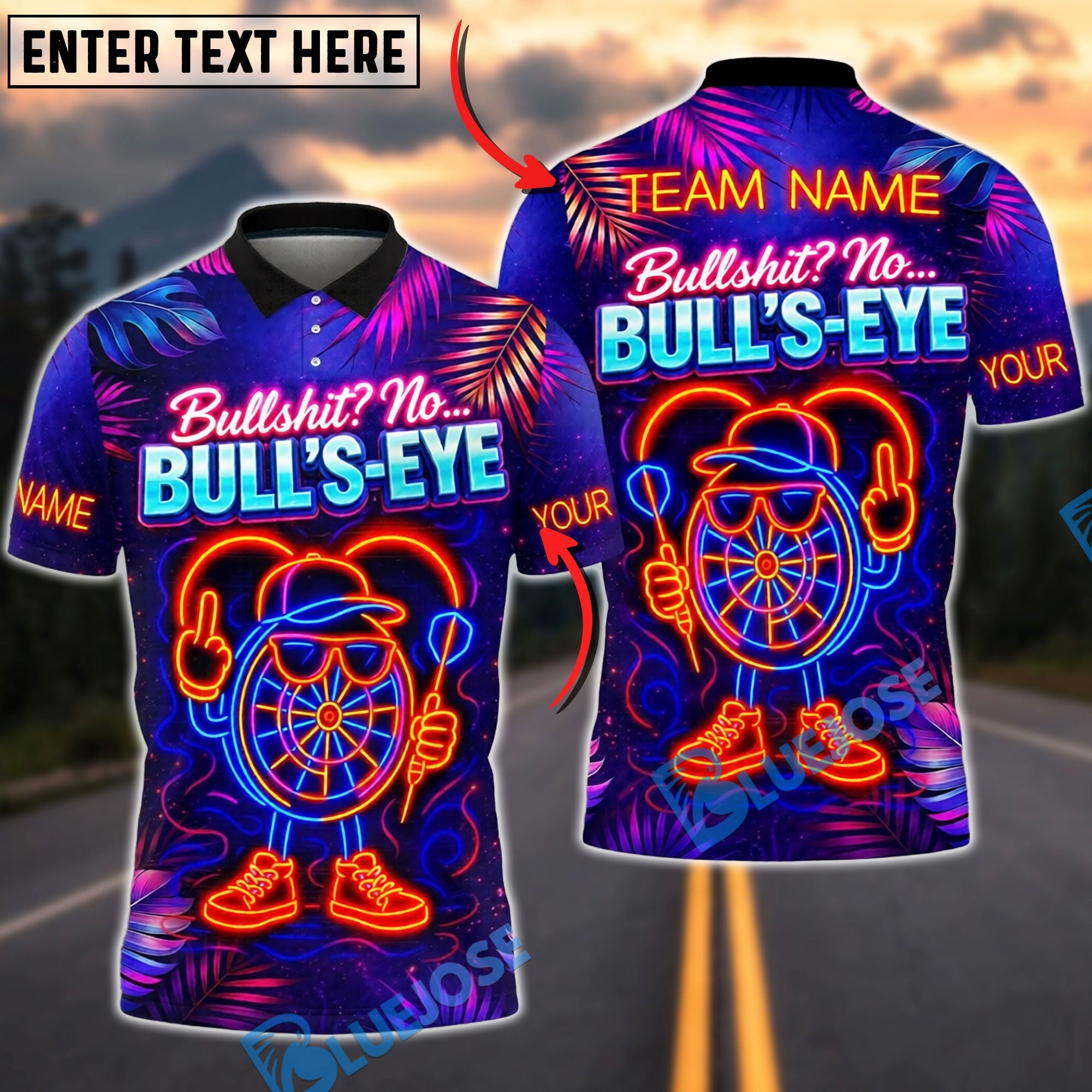 BlueJose Darts Neon Tropical Bullseye Bullshit Personalized Name Shirt