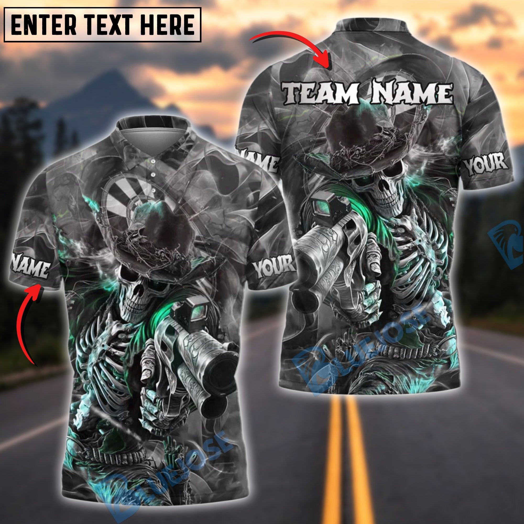 BlueJose Darts Skeleton Gunslinger Customized Name, Team Name 3D Shirt (4 Colors)