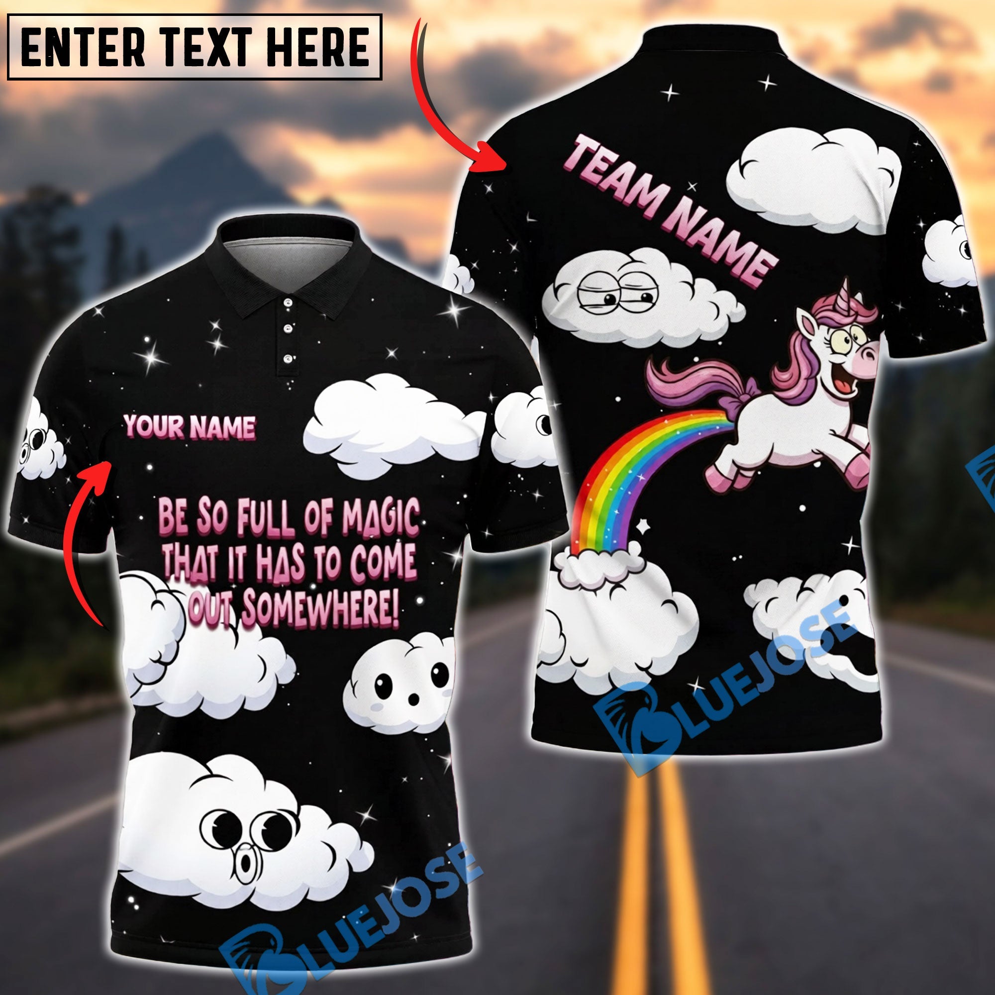 BlueJose Darts Cute Angry Unicorn Rainbow Cloudy Personalized Name Shirt