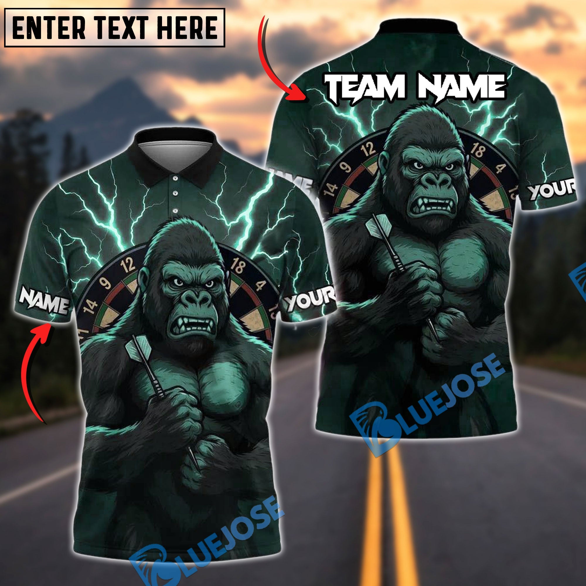 BlueJose Darts Thunder Gorilla Customized Name, Team Name 3D Shirt (4 Colors)