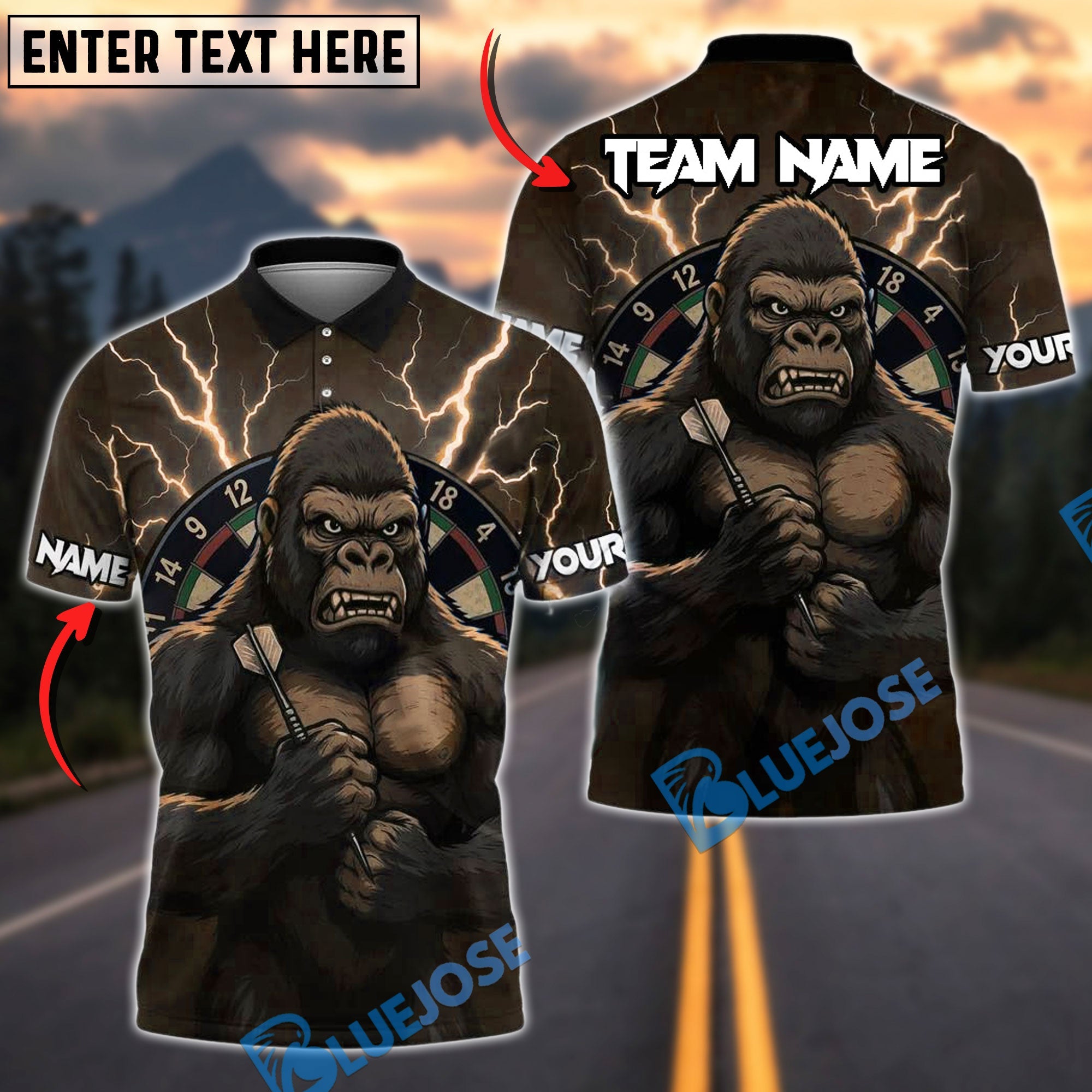 BlueJose Darts Thunder Gorilla Customized Name, Team Name 3D Shirt (4 Colors)