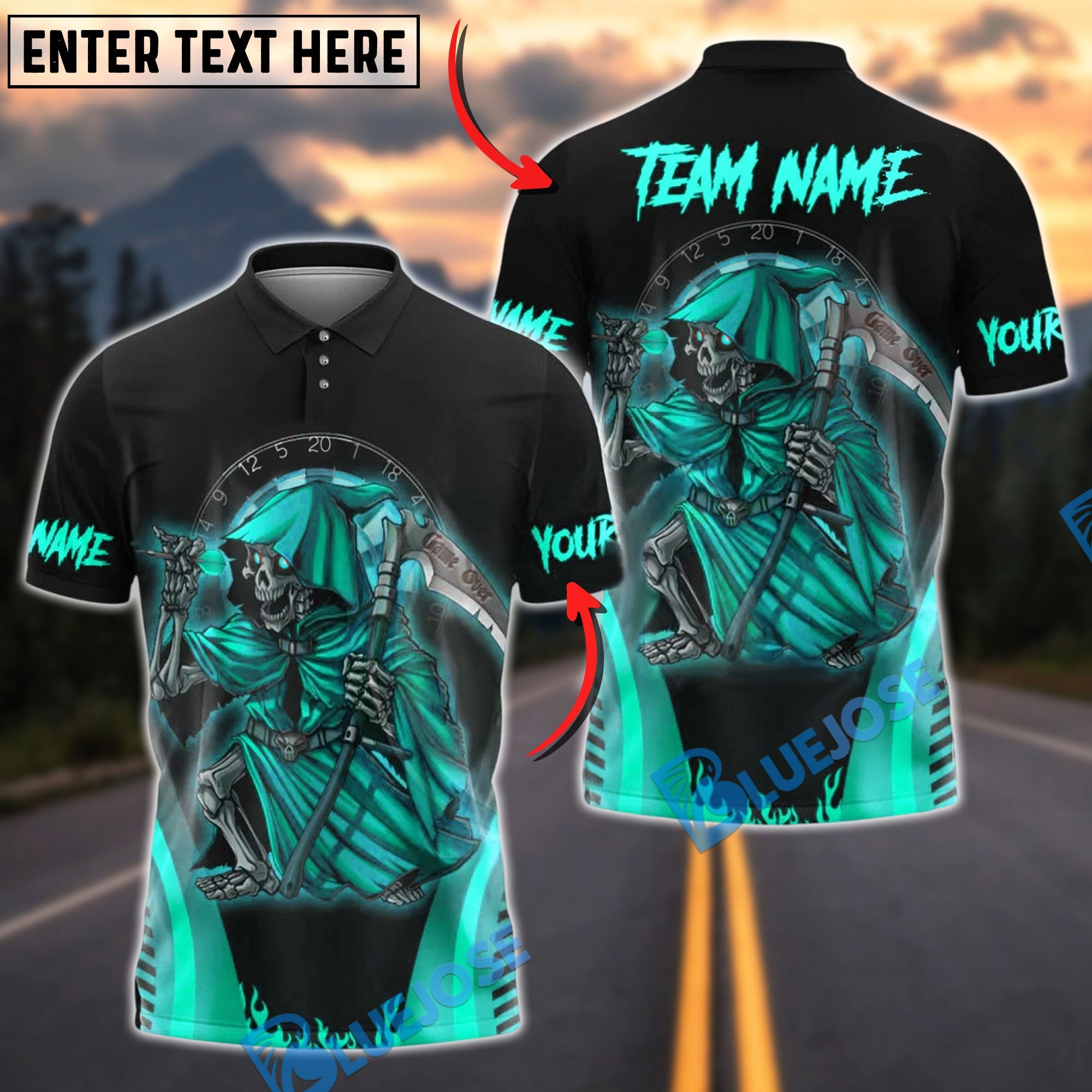 BlueJose Darts Skull Reaper Customized Name, Team Name 3D Shirt (4 Colors)