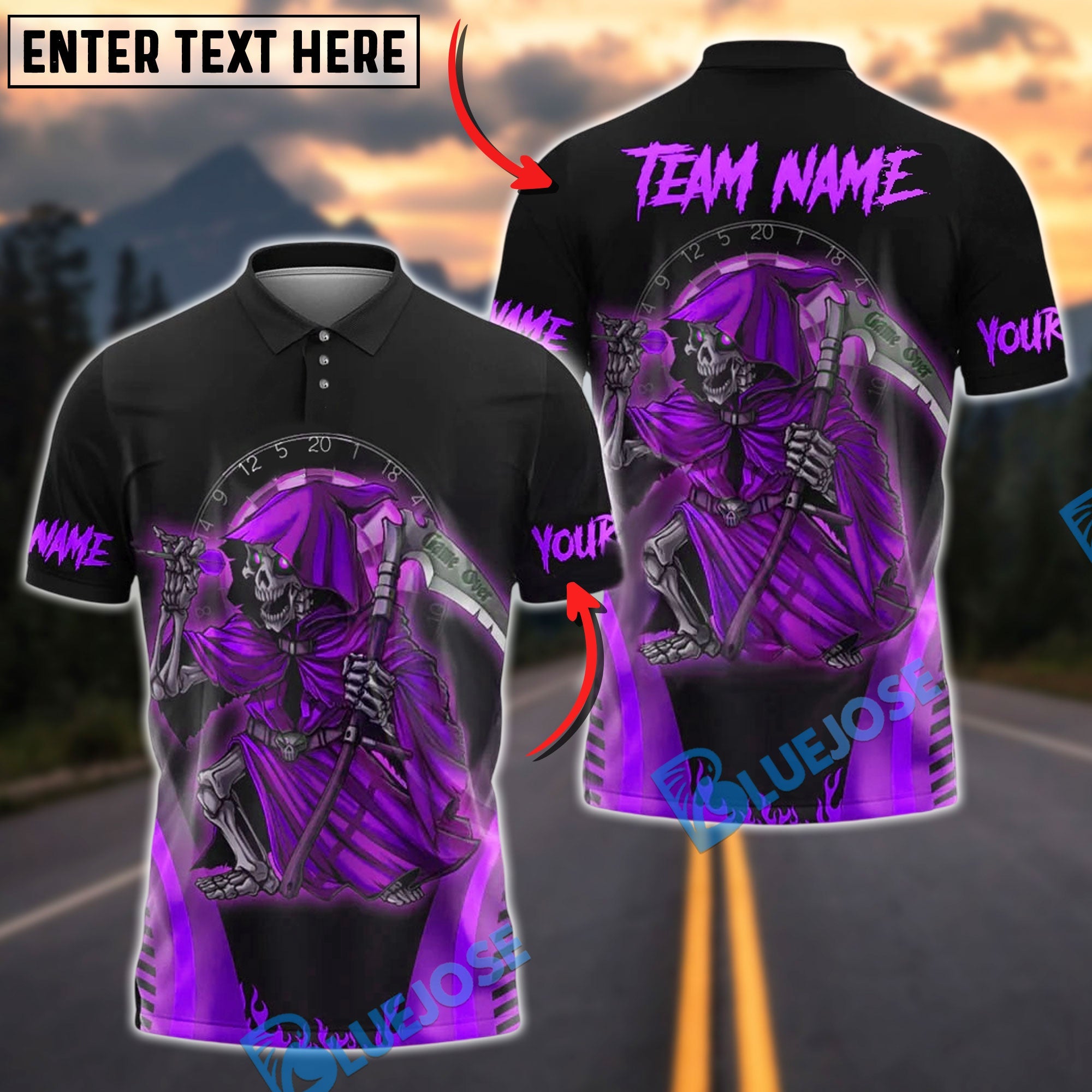 BlueJose Darts Skull Reaper Customized Name, Team Name 3D Shirt (4 Colors)