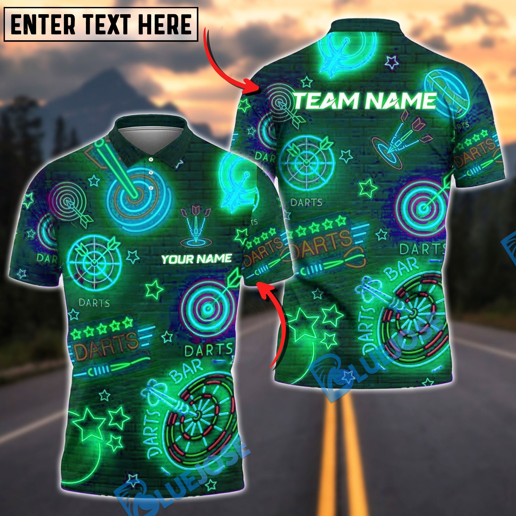 BlueJose Darts Neon Dart Bar Personalized Name, Team Name Shirt (4 Colors)