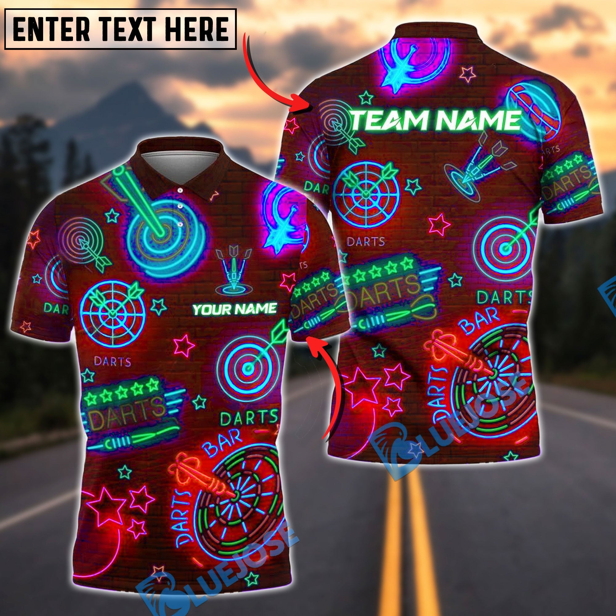 BlueJose Darts Neon Dart Bar Personalized Name, Team Name Shirt (4 Colors)