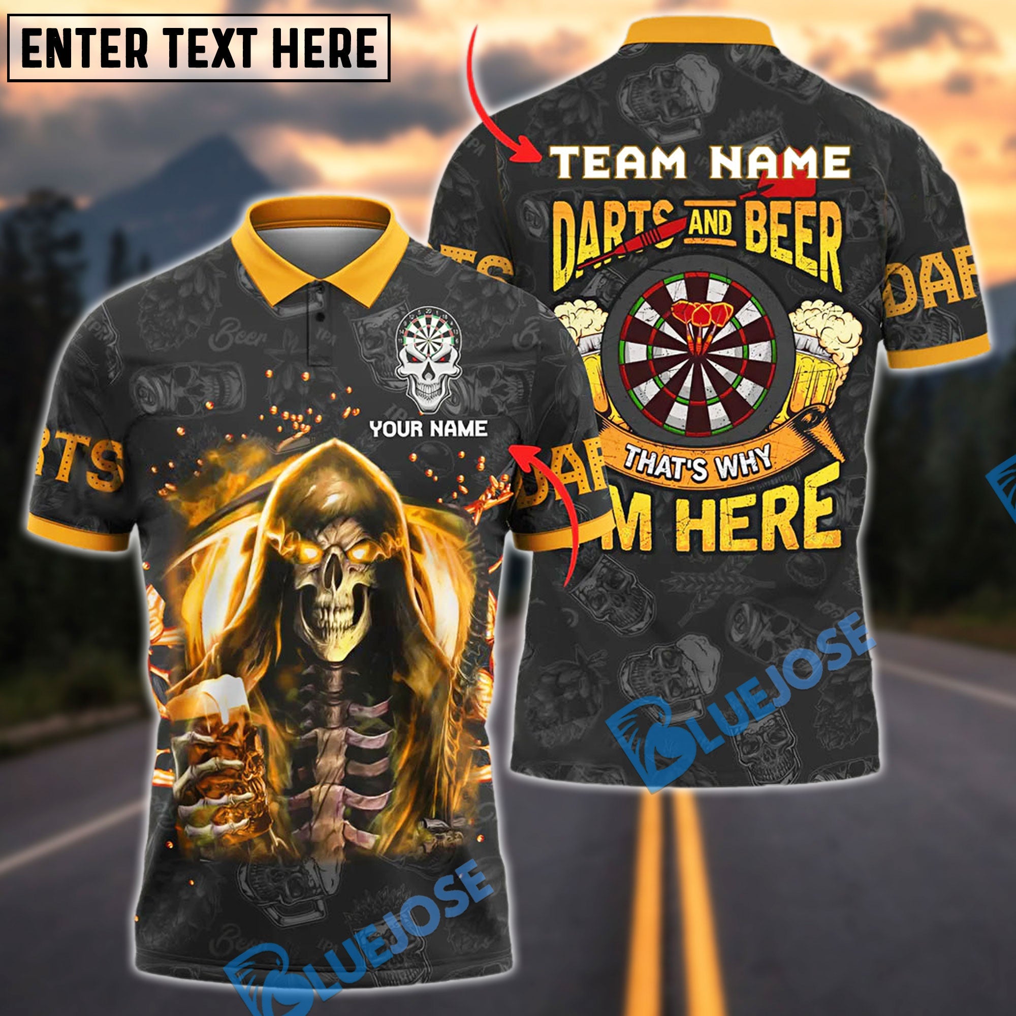 BlueJose Darts Fire Skull Beer Personalized Name, Team Name Shirt