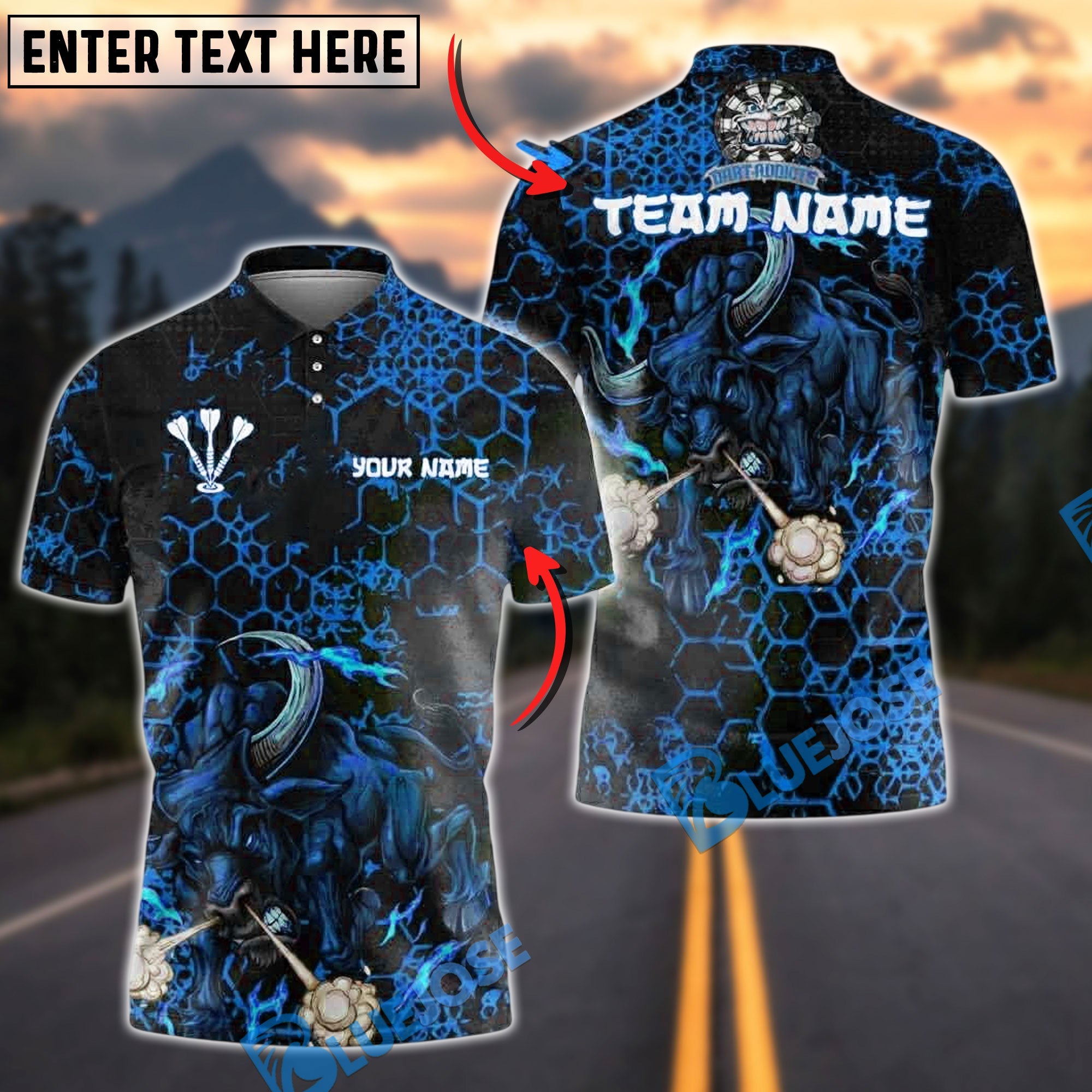 BlueJose Darts Inferno Bull Customized Name, Team Name 3D Shirt (4 Colors)