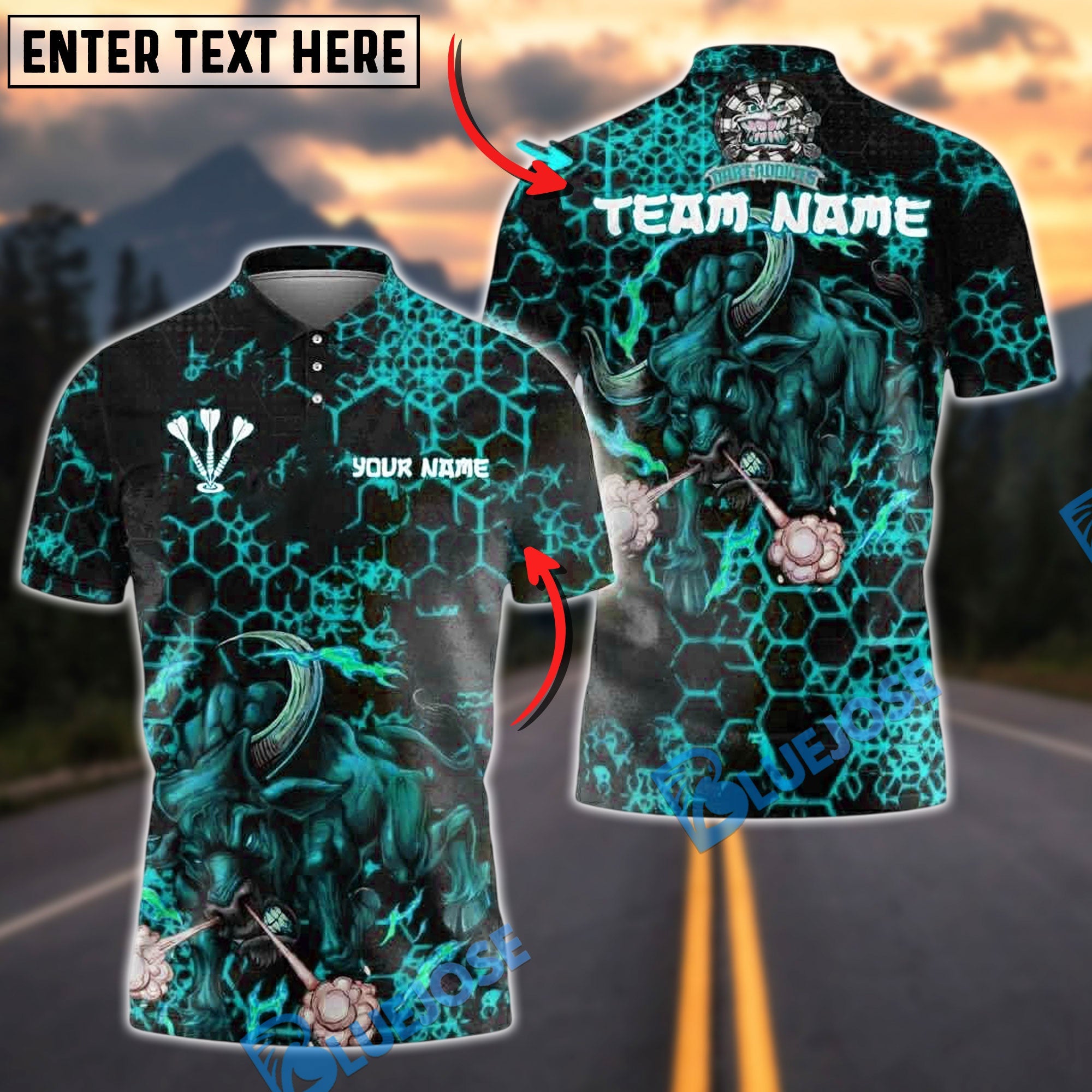 BlueJose Darts Inferno Bull Customized Name, Team Name 3D Shirt (4 Colors)