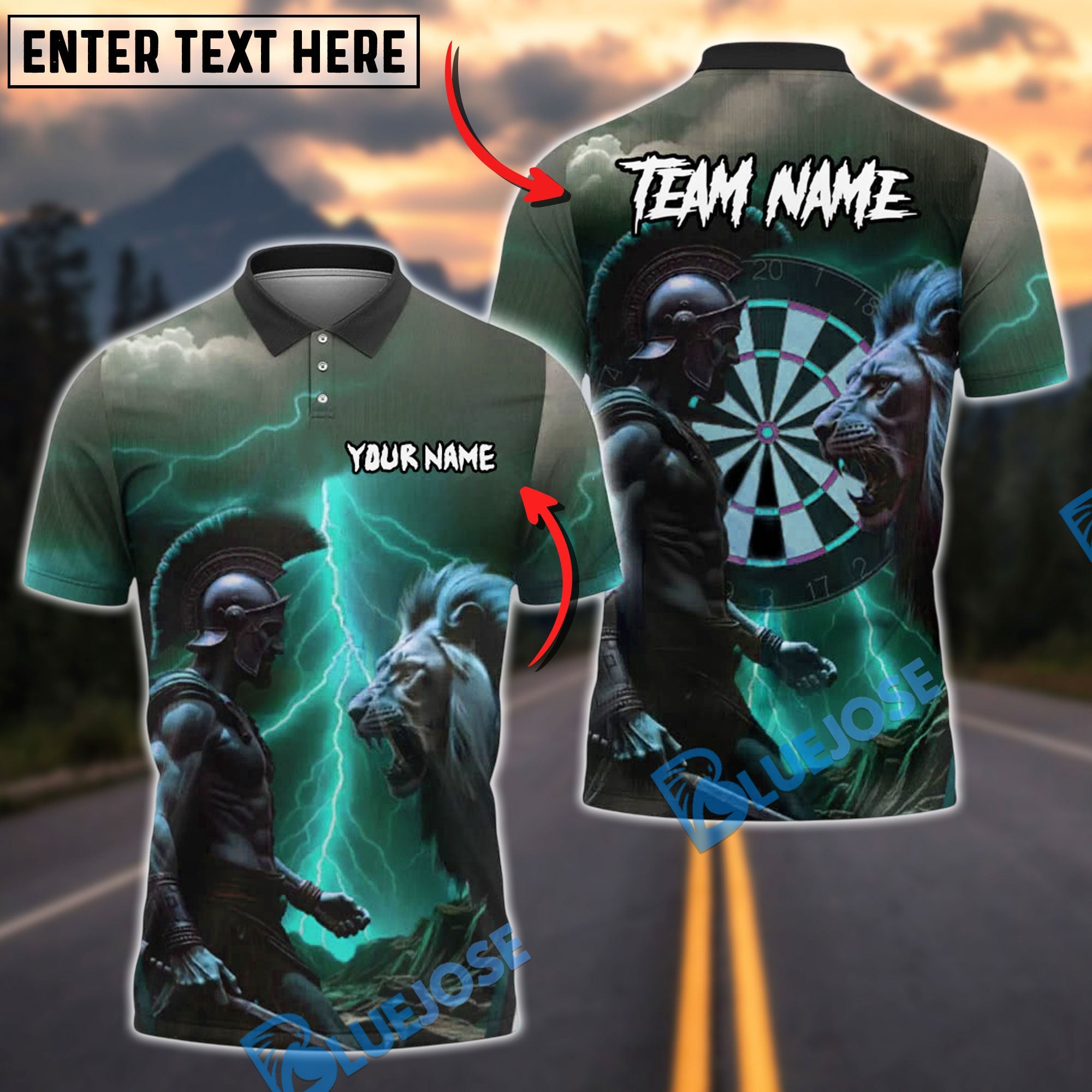BlueJose Darts Spartan Warrior vs Lion Customized Name, Team Name 3D Shirt (4 Colors)