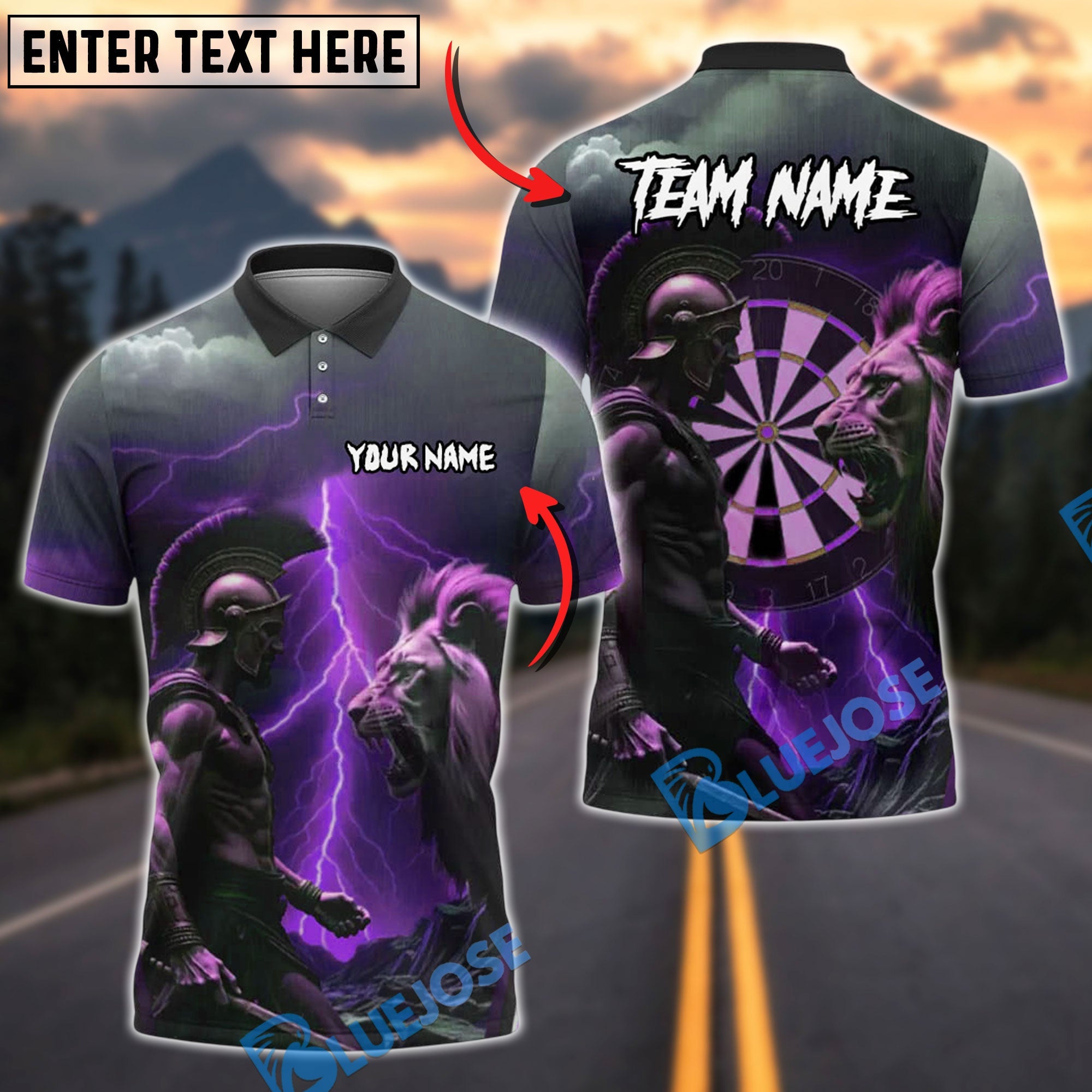 BlueJose Darts Spartan Warrior vs Lion Customized Name, Team Name 3D Shirt (4 Colors)