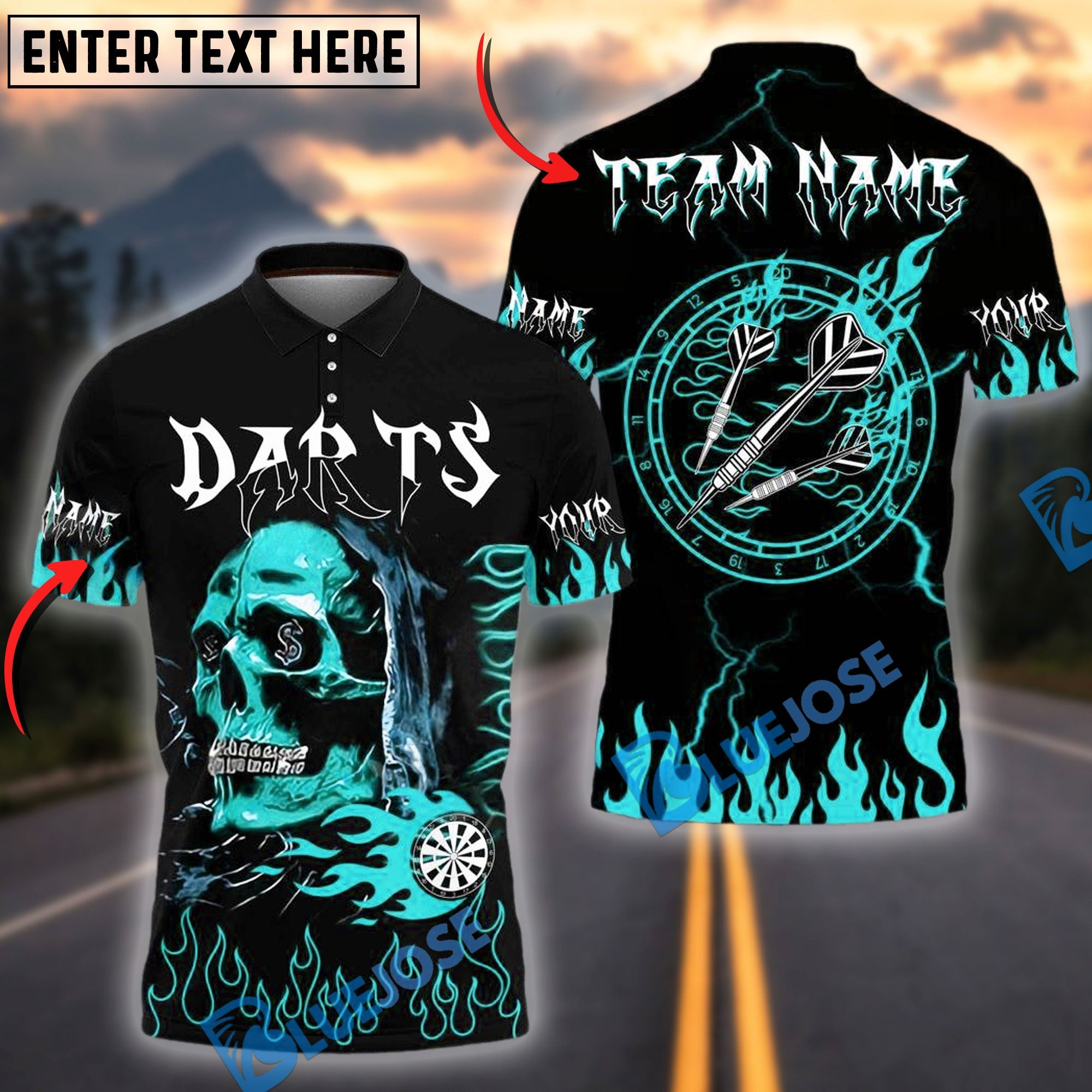BlueJose Darts Fire Skull Personalized Name, Team Name Shirt (4 Colors)