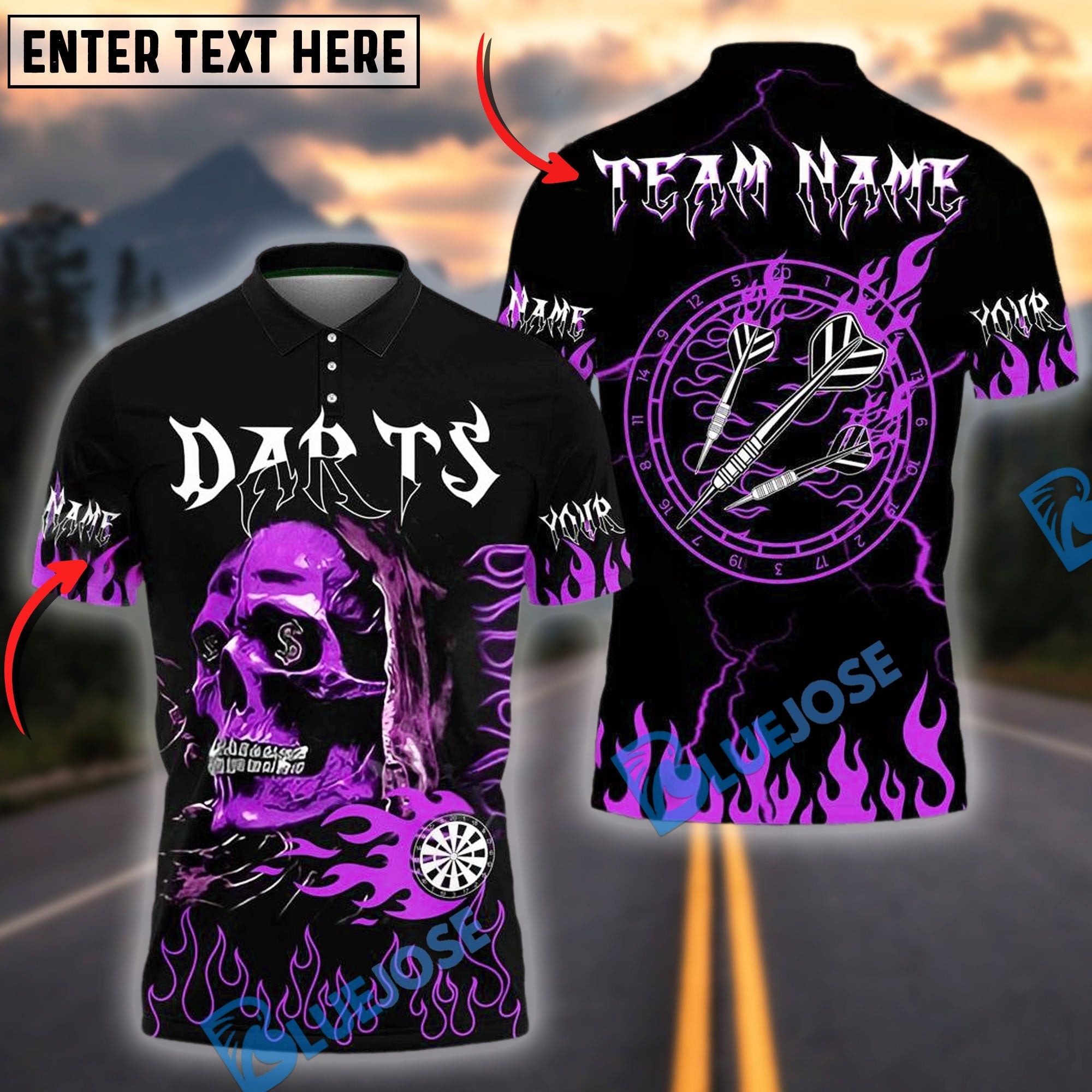BlueJose Darts Fire Skull Personalized Name, Team Name Shirt (4 Colors)