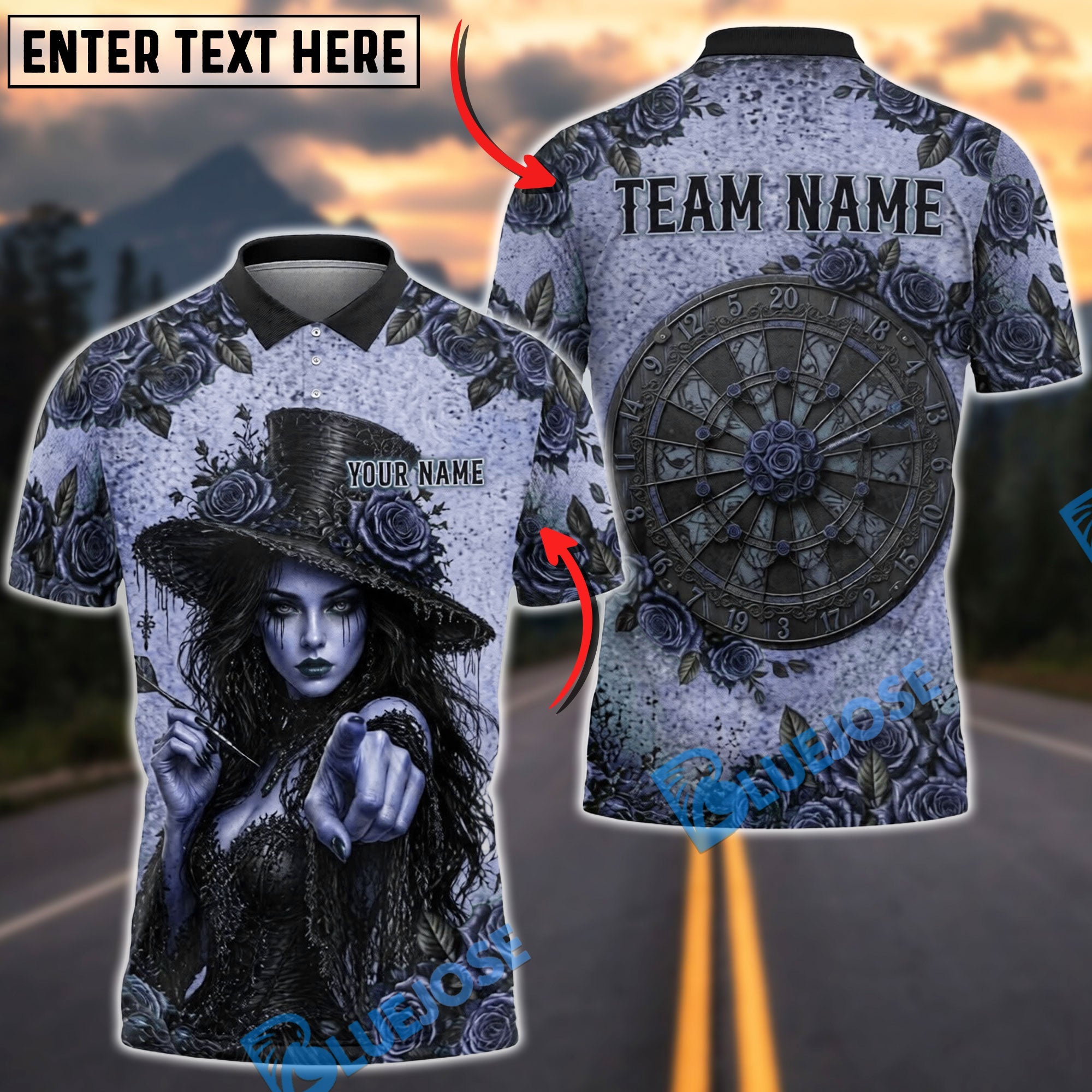 BlueJose Darts Gothic Witch Rose Personalized Name, Team Name Unisex Shirt (4 Colors)