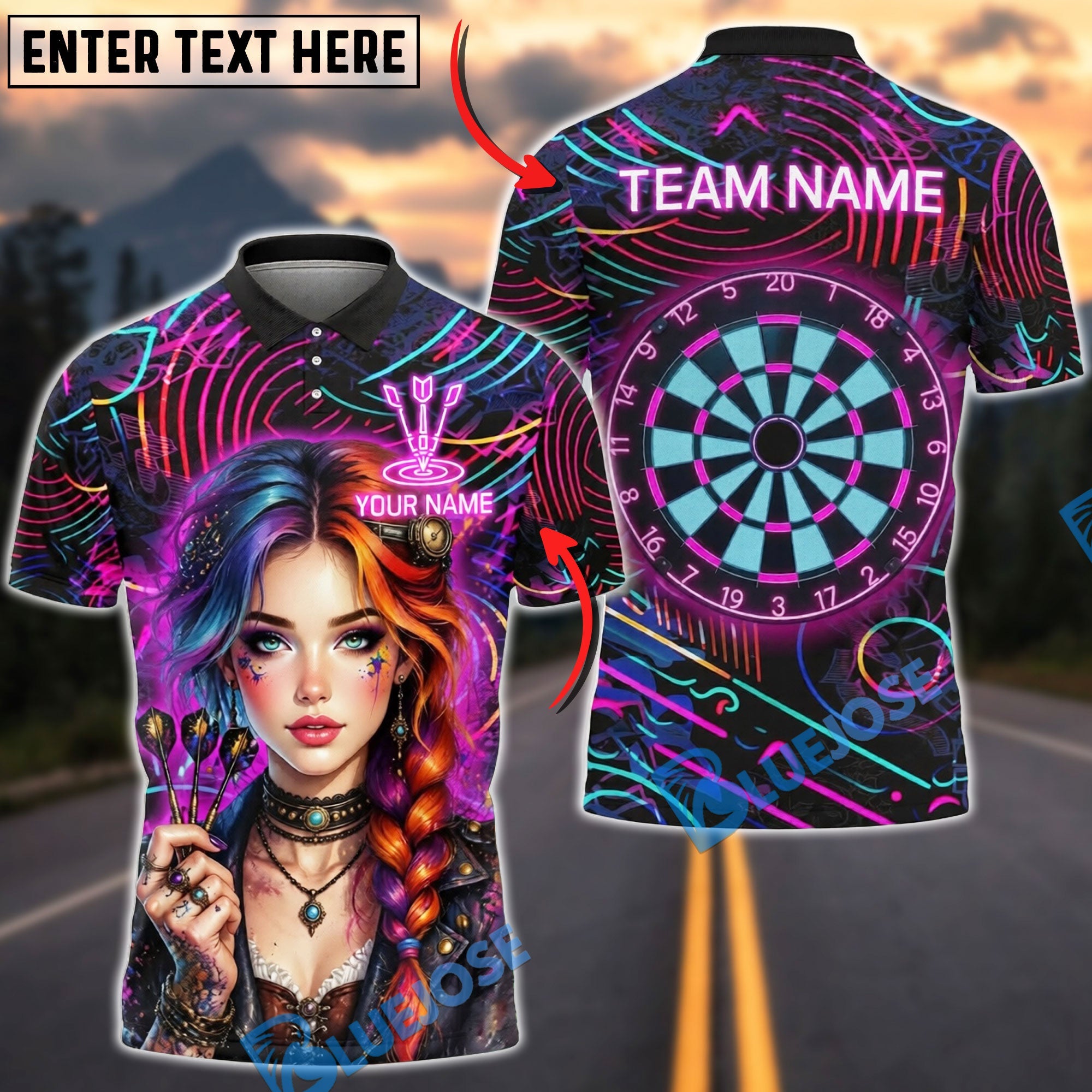 BlueJose Darts Cyberpunk Rainbow Hair Girl Personalized Name Shirt