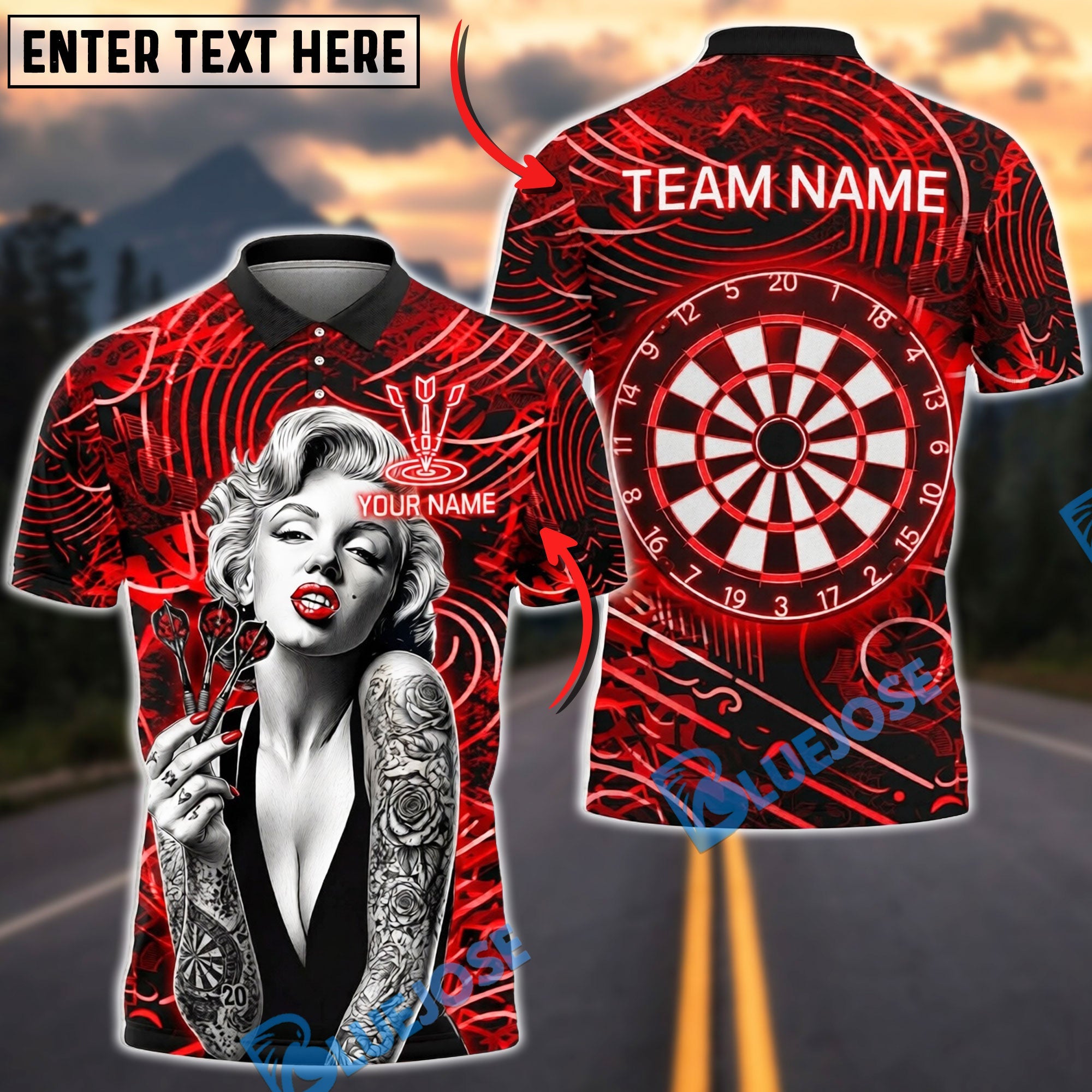 BlueJose Darts Red Neon Vintage Tattoo Girl Personalized Name Shirt