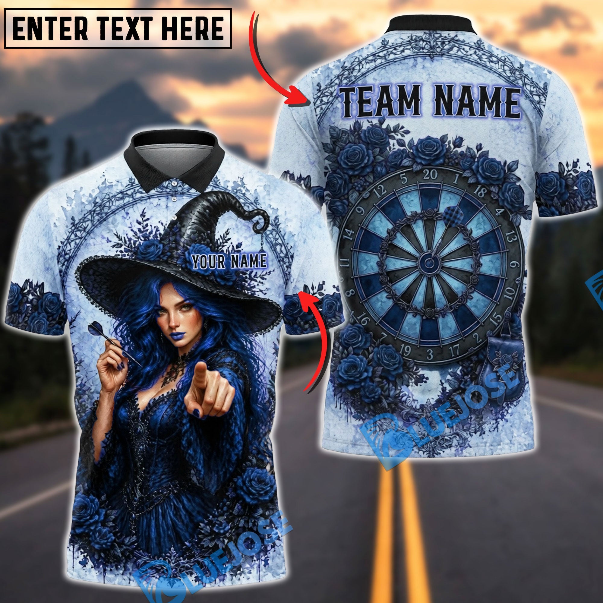 BlueJose Darts Witch Rose Dartboard Personalized Name, Team Name Unisex Shirt (4 Colors)