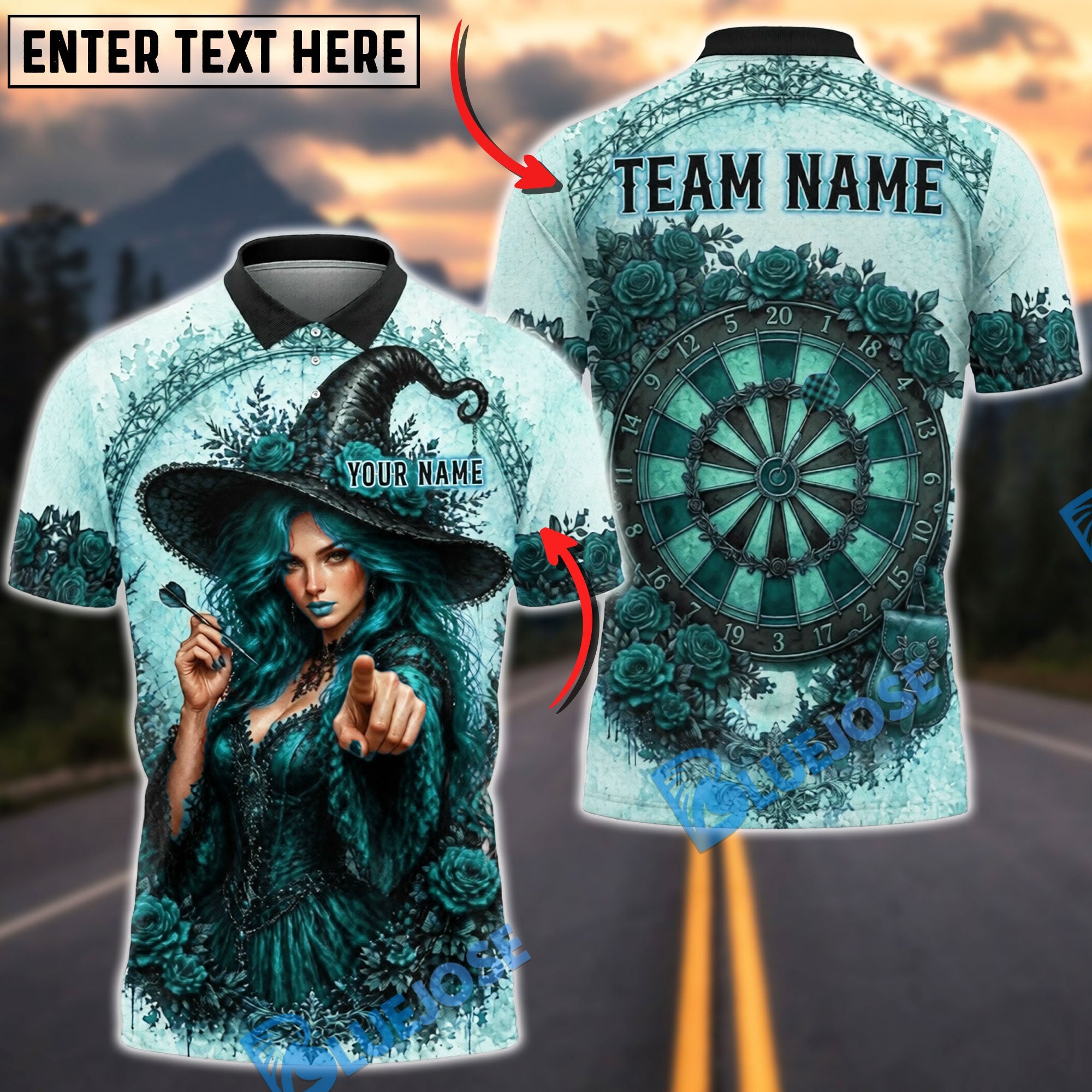 BlueJose Darts Witch Rose Dartboard Personalized Name, Team Name Unisex Shirt (4 Colors)