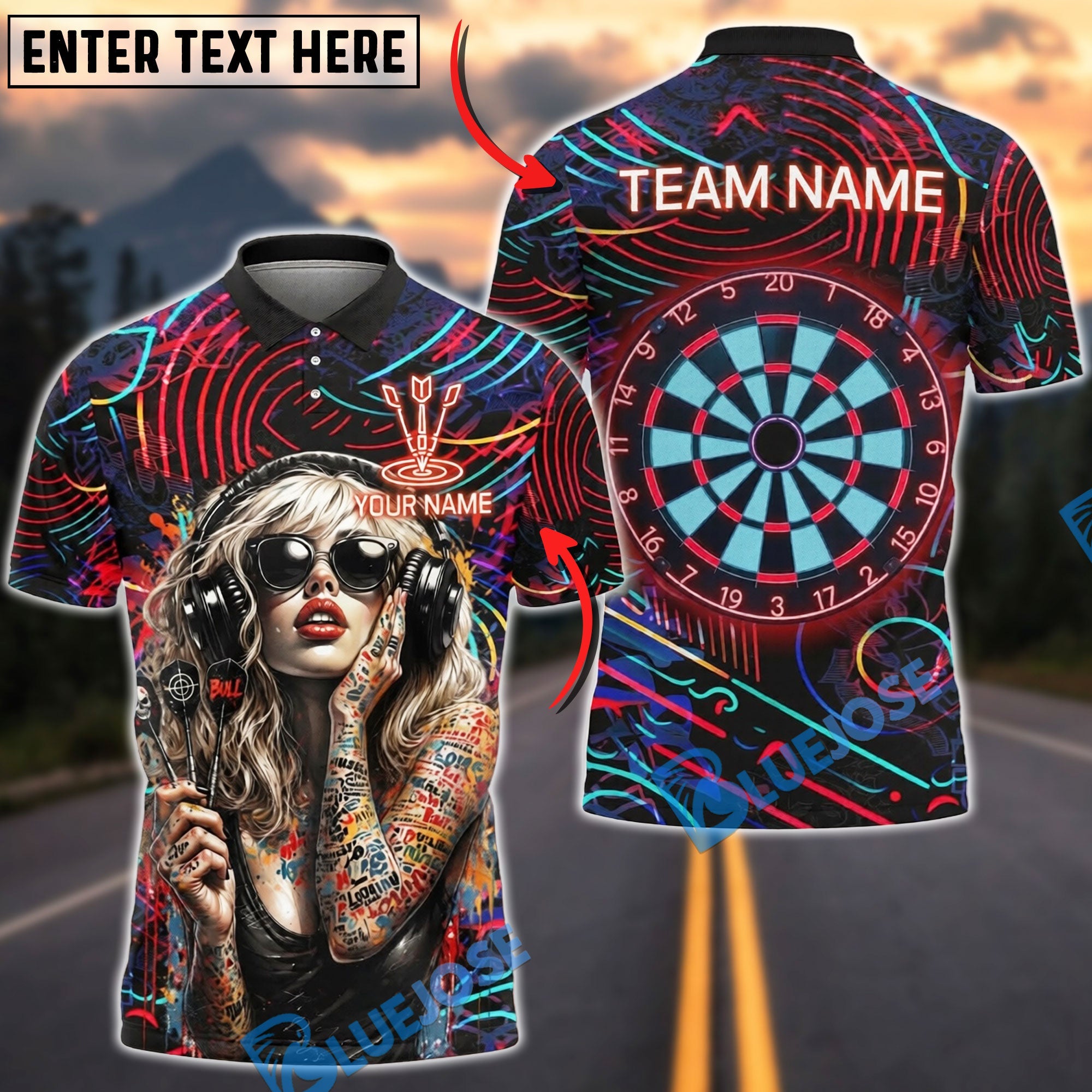 BlueJose Darts Neon Graffiti DJ Girl Headphone Personalized Name Shirt