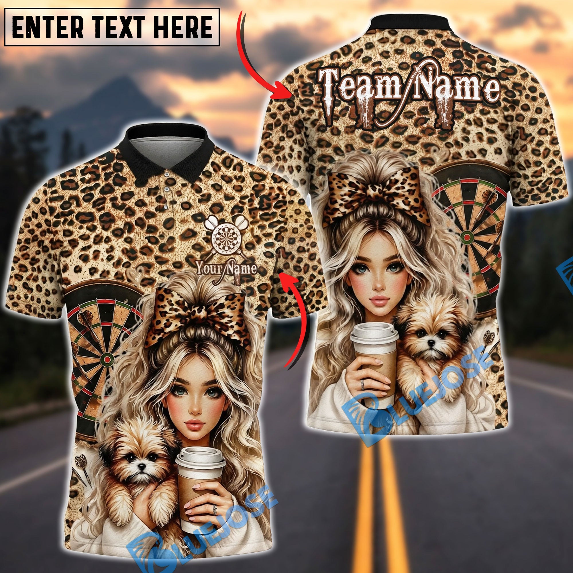BlueJose Darts Leopard Print Girl Bow Coffee Style Personalized Name Shirt