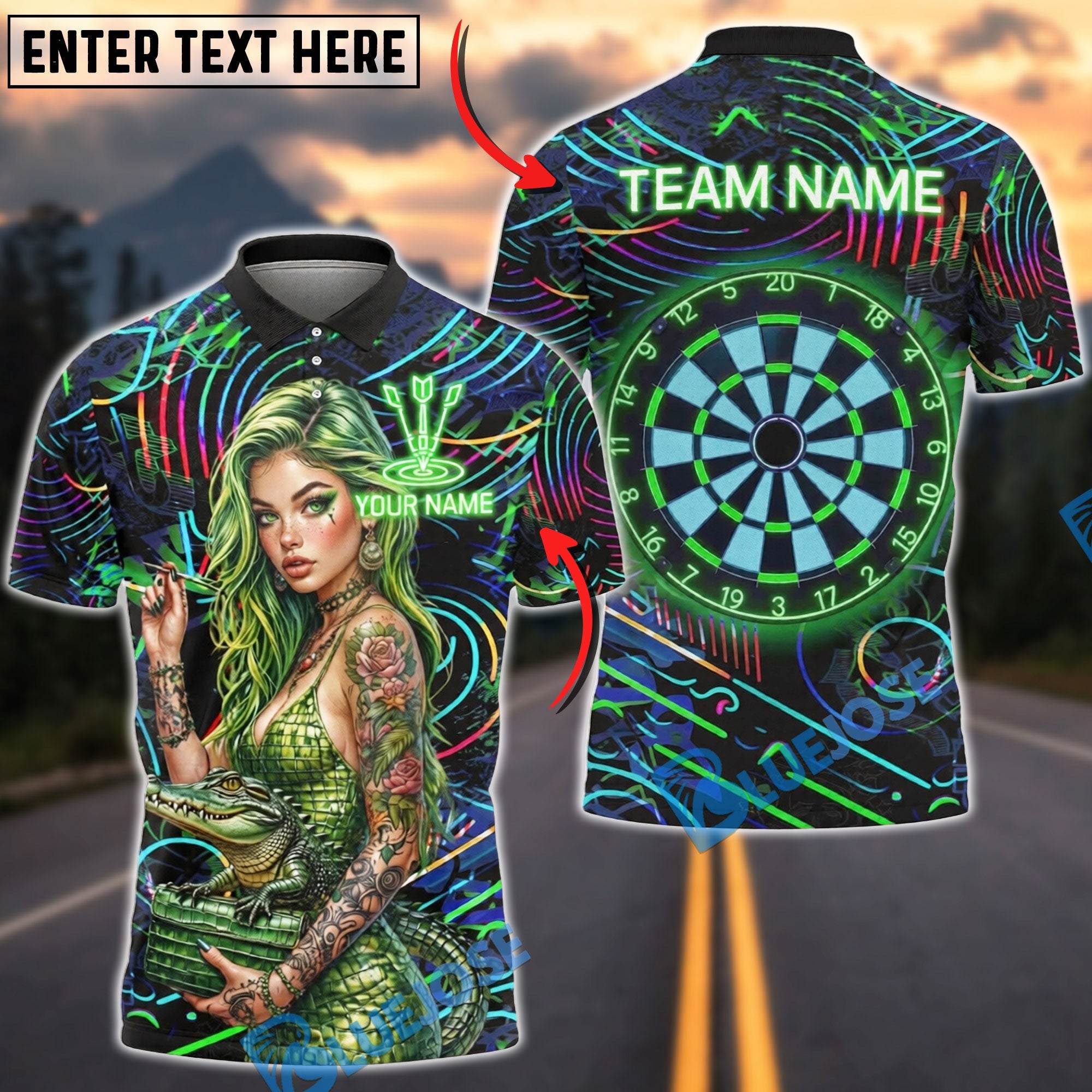 BlueJose Darts Neon Green Girl Crocodile Dress Personalized Name Shirt
