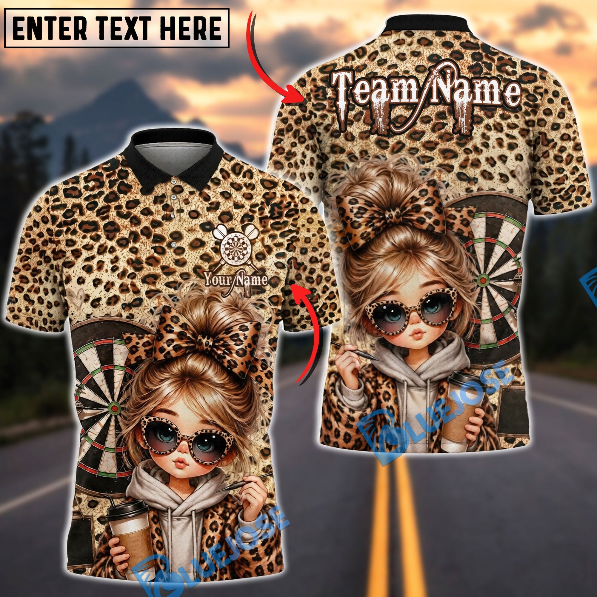 BlueJose Darts Leopard Print Girl Glasses Coffee Style Personalized Name Shirt