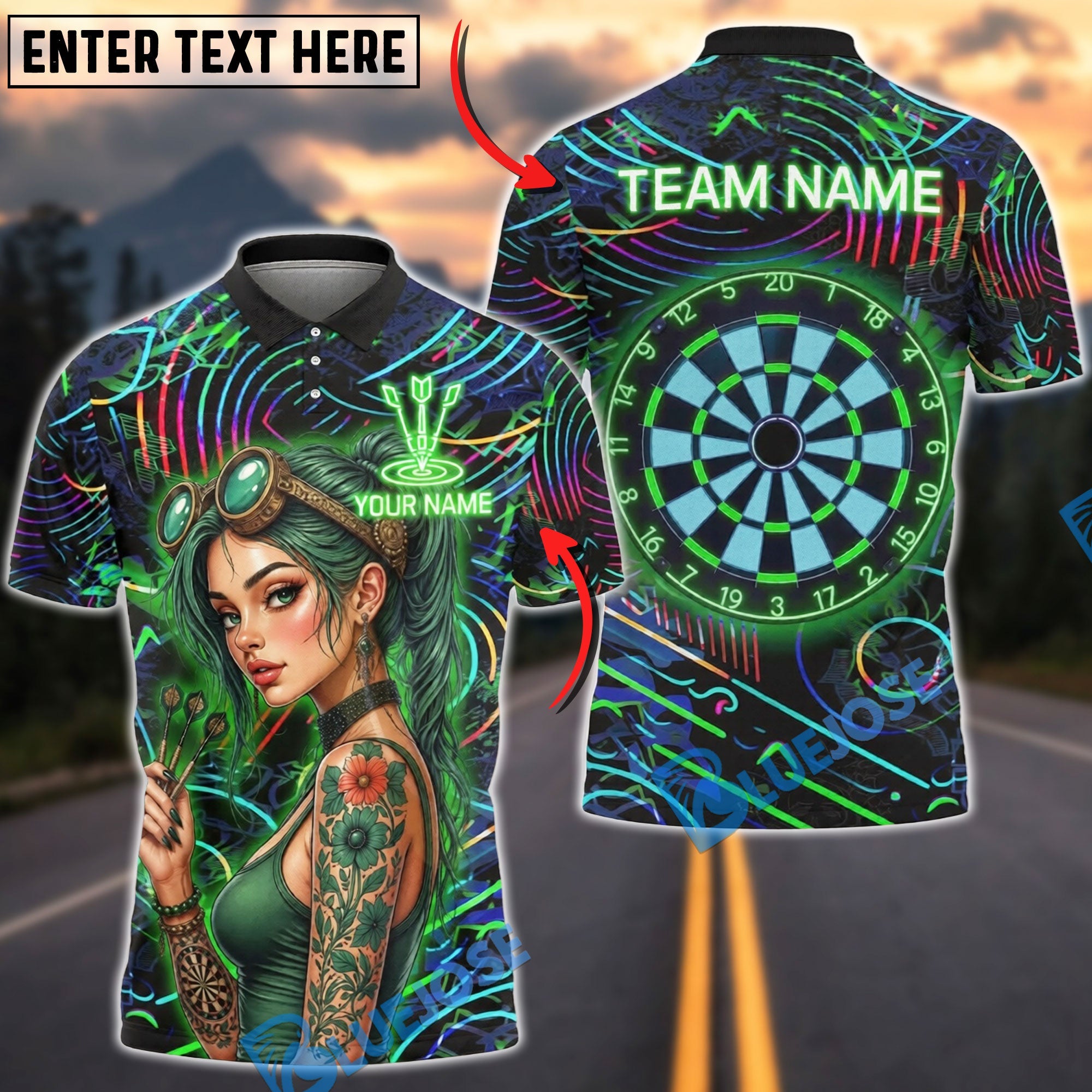 BlueJose Darts Cyberpunk Green Dart Steampunk Goggles Personalized Name Shirt