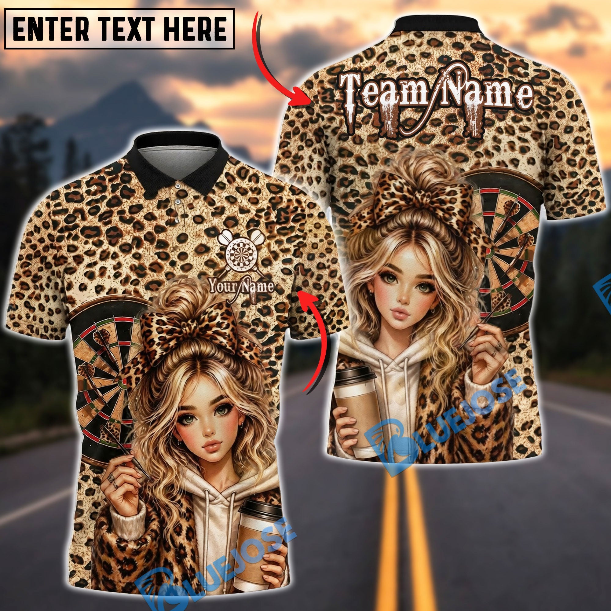 BlueJose Darts Leopard Print Girl Puppy Coffee Style Personalized Name Shirt
