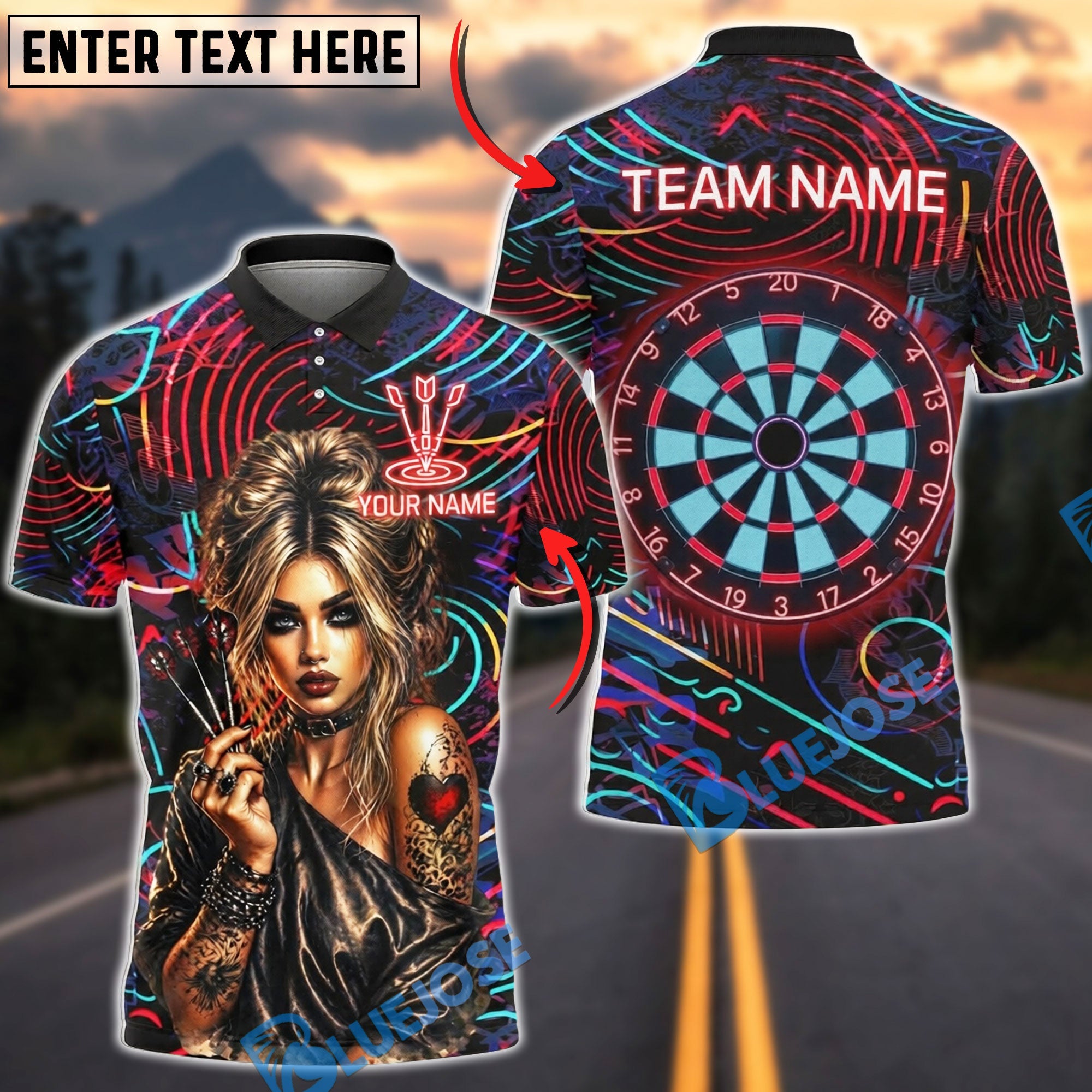 BlueJose Darts Neon Punk Girl Blonde Tattoo Personalized Name Shirt