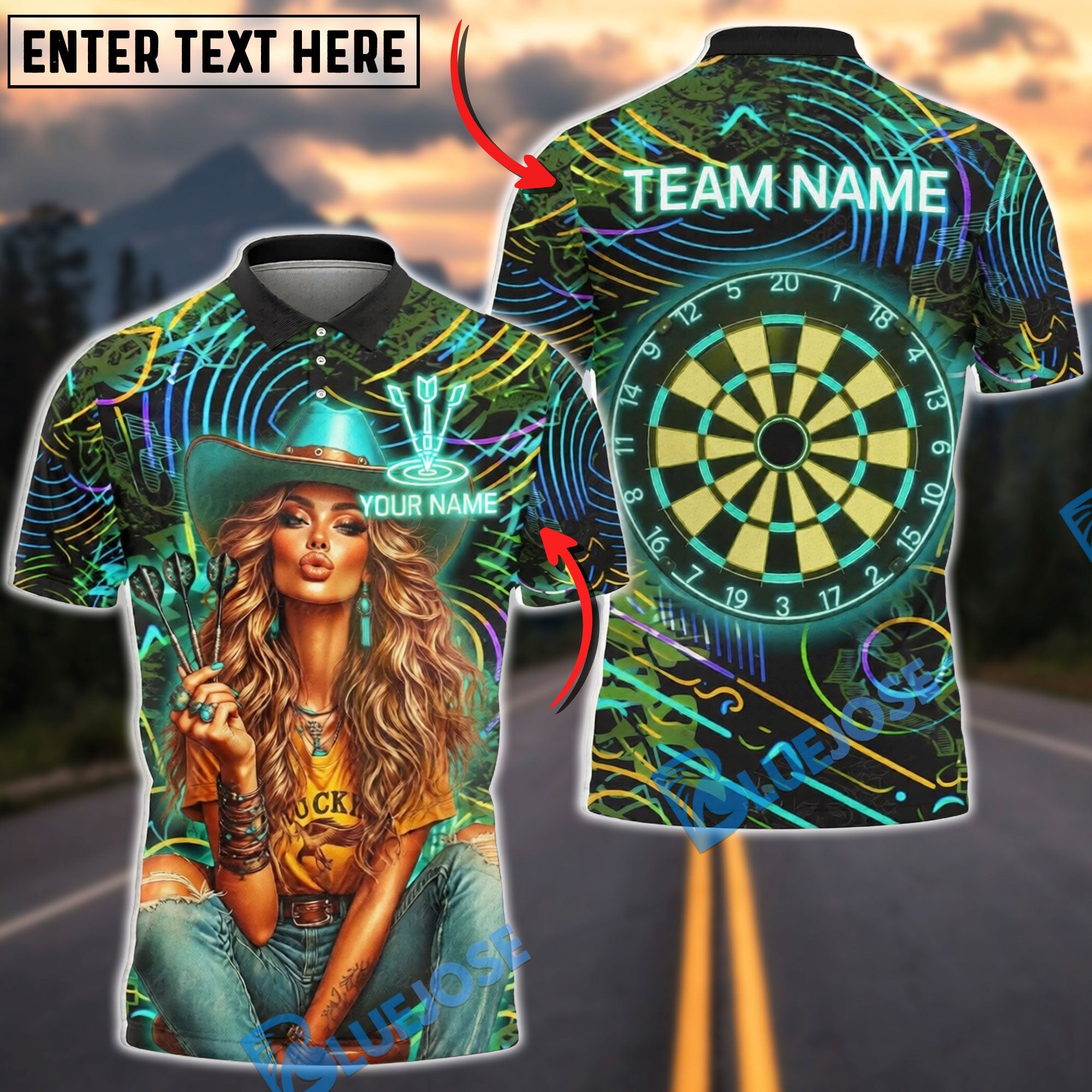 BlueJose Darts Western Cowgirl Girl Neon Style Personalized Name Shirt