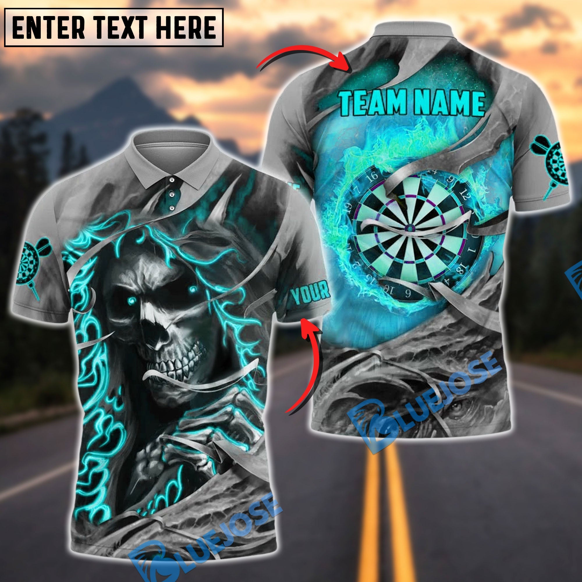 BlueJose Darts Fire Skull Dartboard Customized Name, Team Name 3D Shirt (4 Colors)