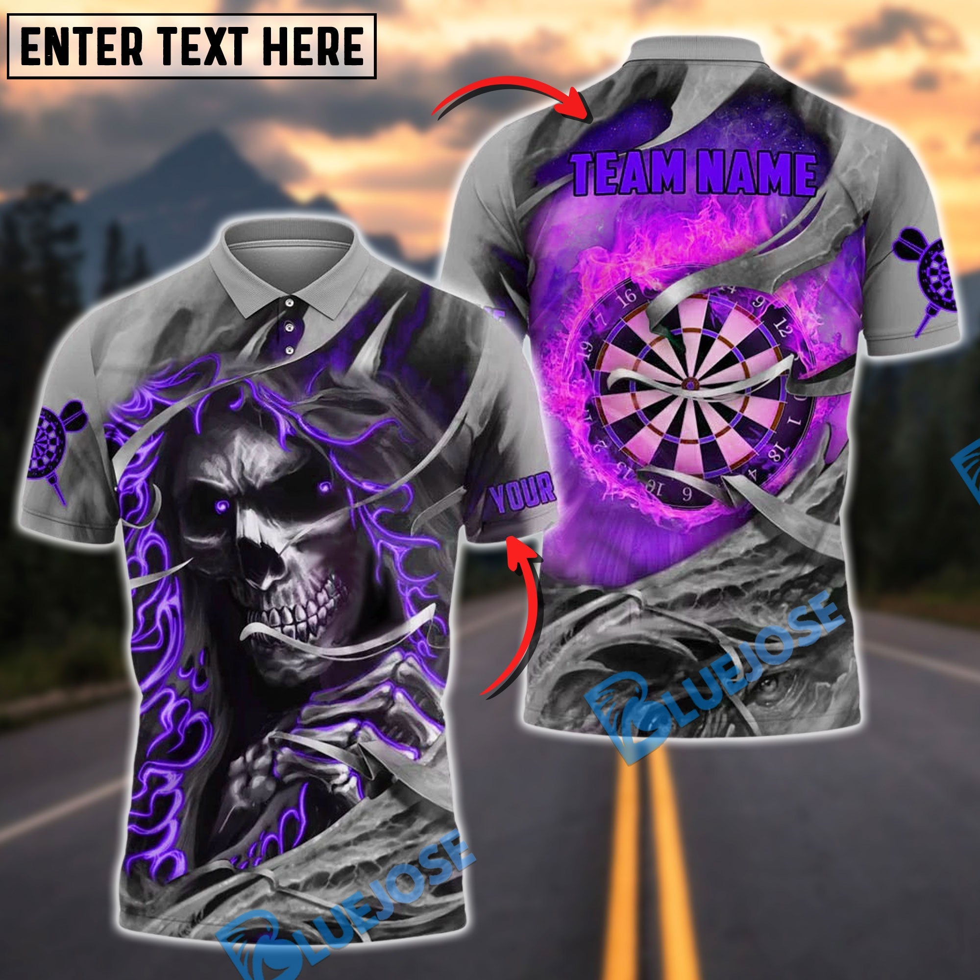 BlueJose Darts Fire Skull Dartboard Customized Name, Team Name 3D Shirt (4 Colors)