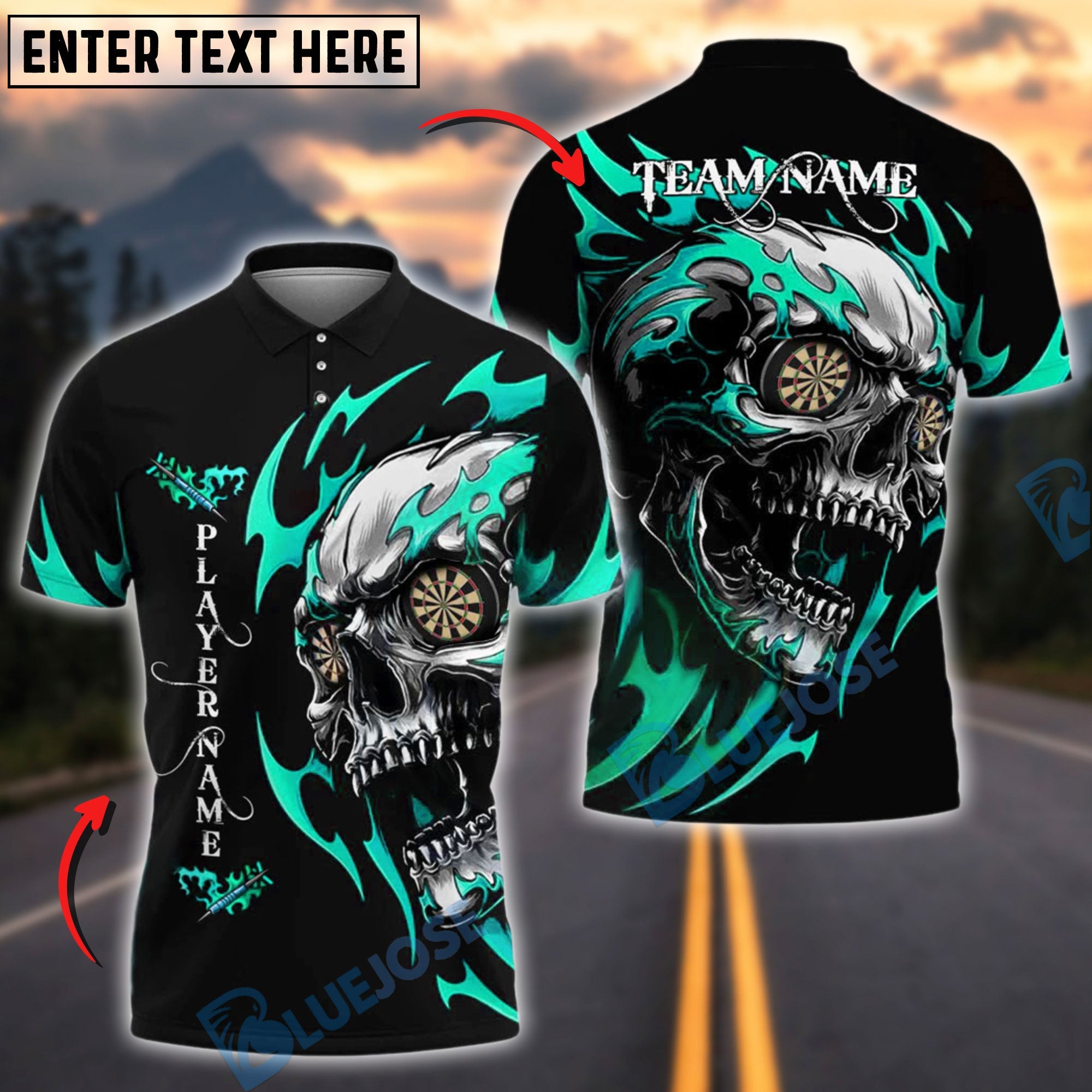 BlueJose Darts Flaming Skull Dartboard Customized Name, Team Name 3D Shirt (4 Colors)