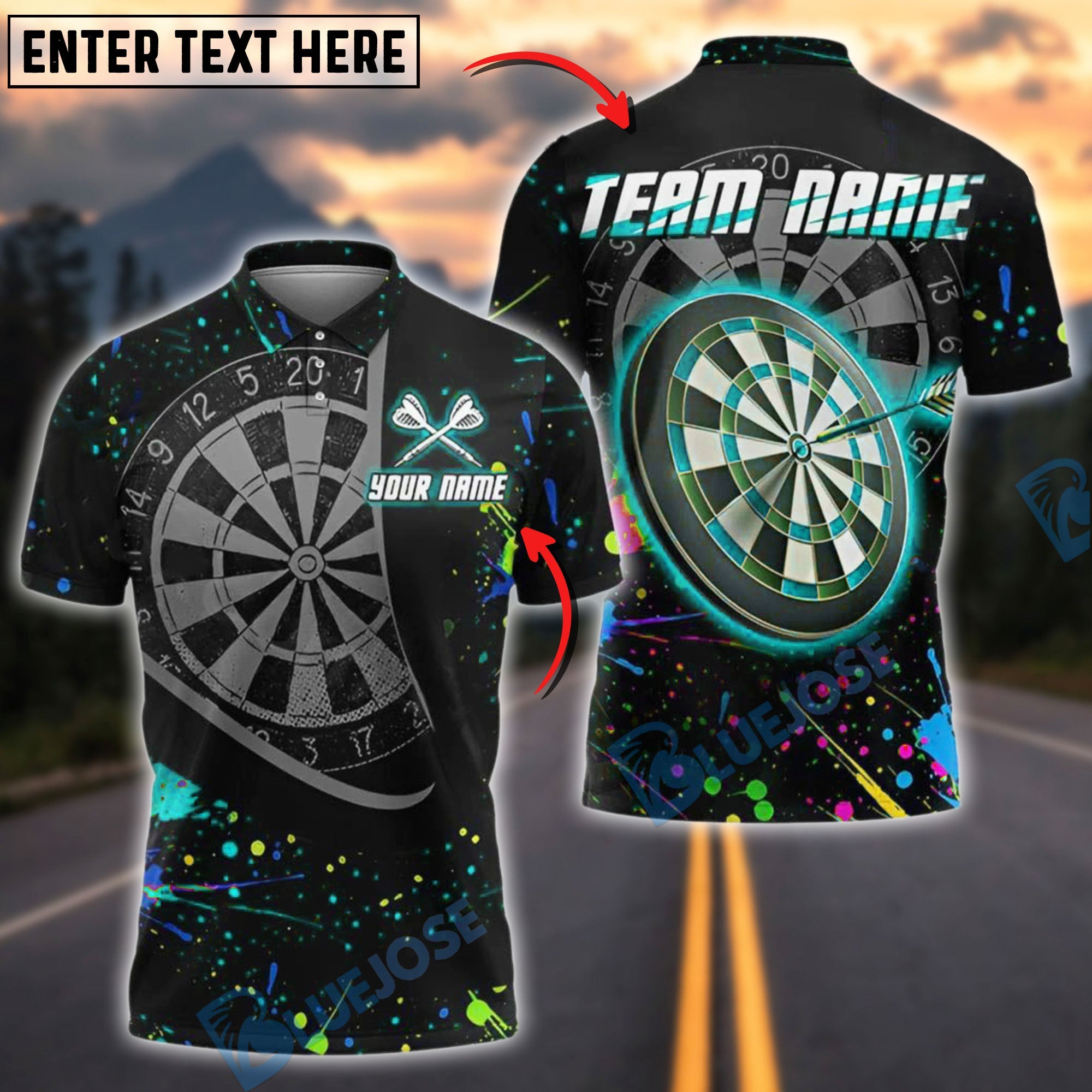 BlueJose Darts Color Splash Dartboard Personalized Name, Team Name Shirt (4 Colors)