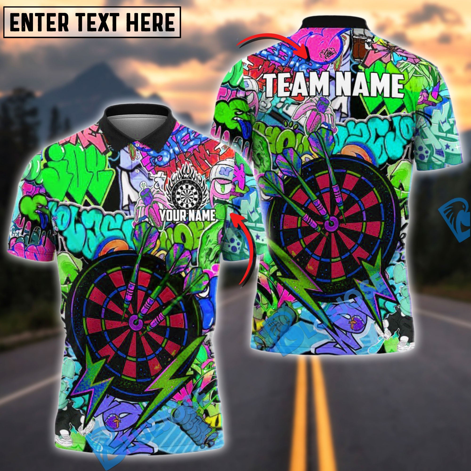 BlueJose Darts Urban Graffiti Dartboard Fire Personalized Name, Team Name Shirt (4 Colors)