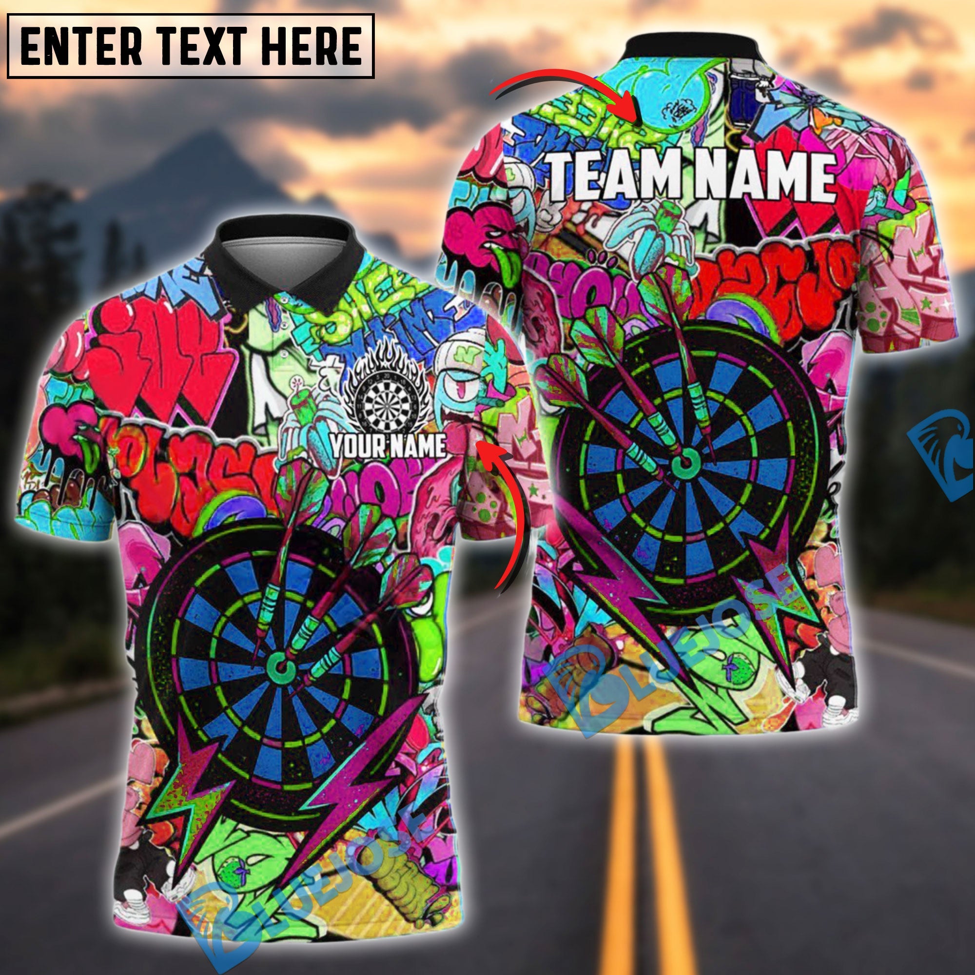 BlueJose Darts Urban Graffiti Dartboard Fire Personalized Name, Team Name Shirt (4 Colors)