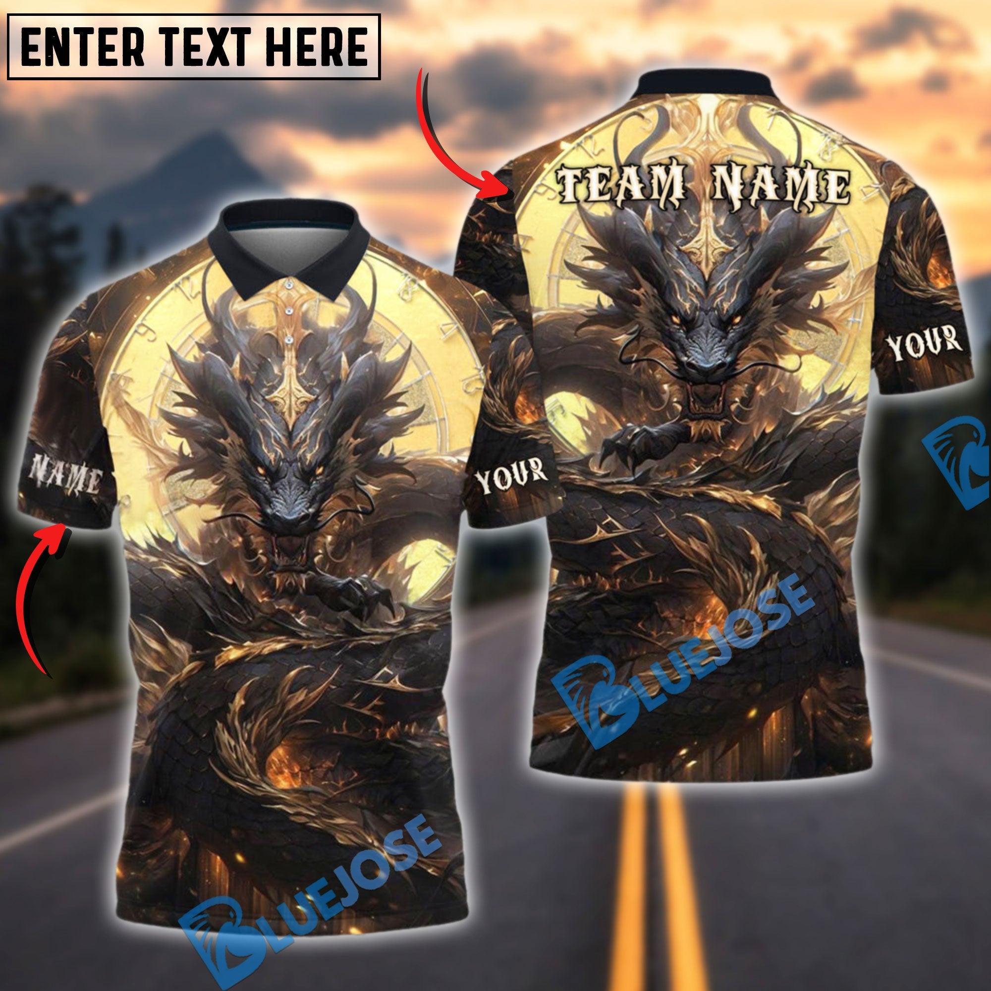 BlueJose Darts Golden Clockwork Dragon Fantasy Personalized Name, Team Name Shirt (4 Colors)