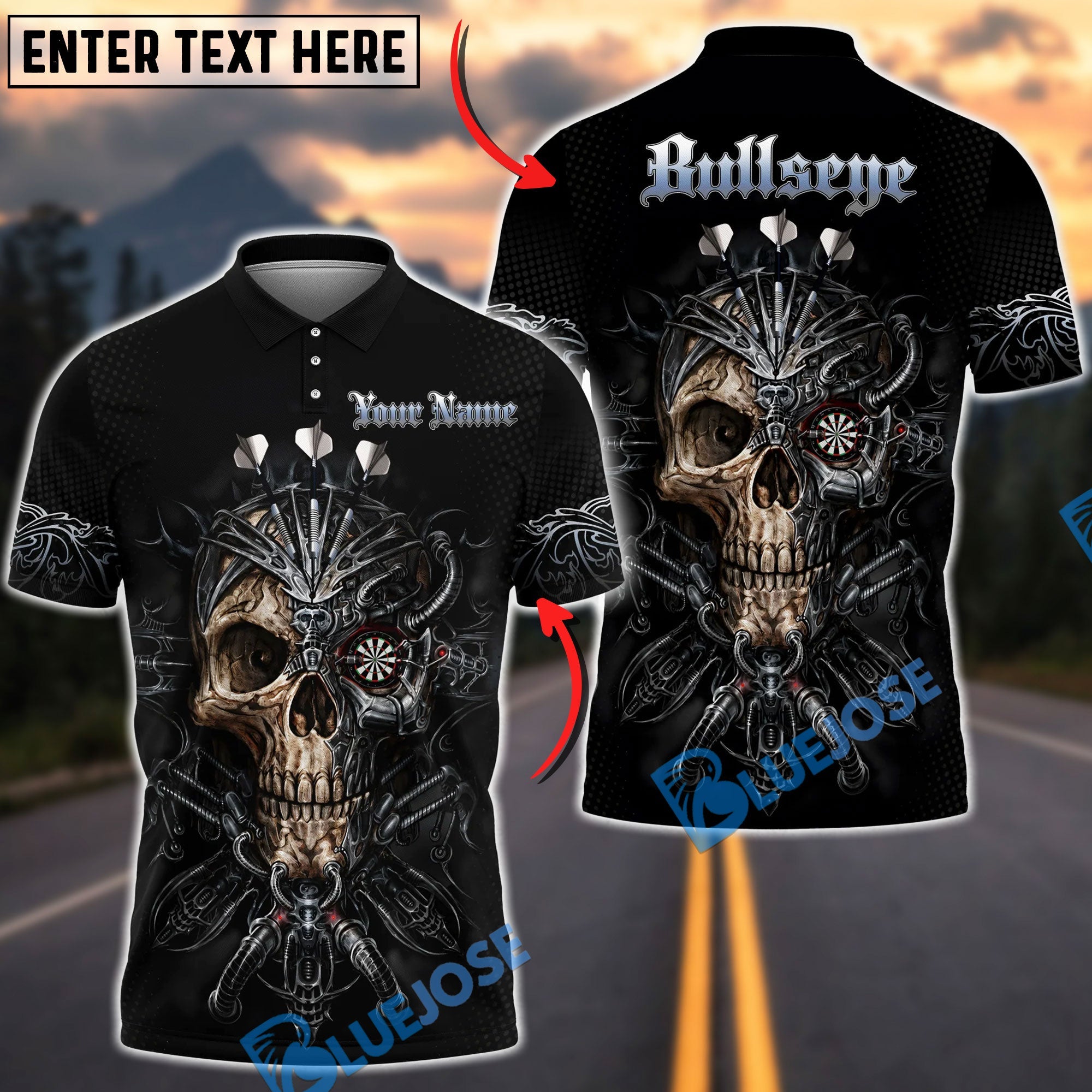 BlueJose Darts Cyborg Mechanical Skull Personalized Name Shirt
