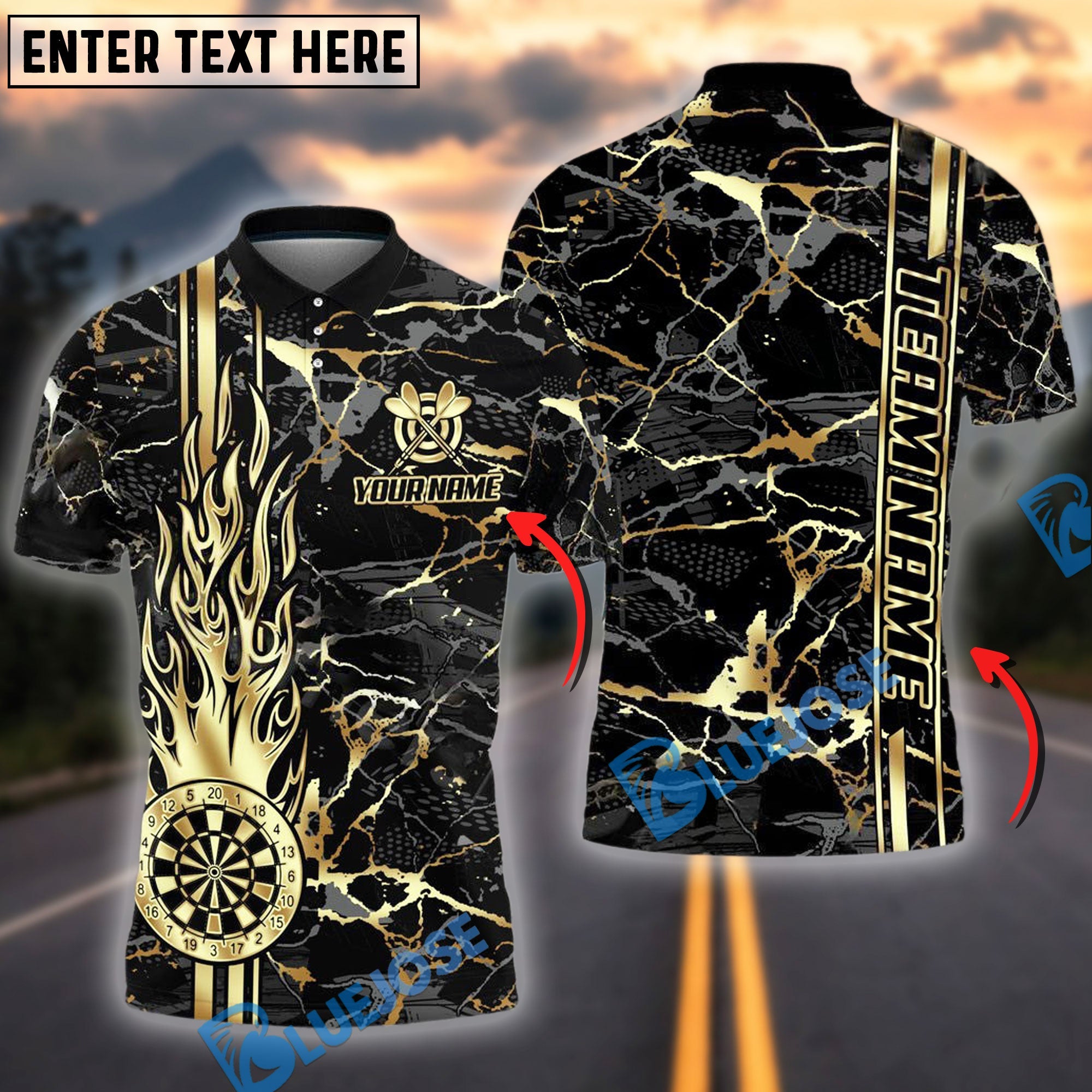 BlueJose Darts Flame Golden Personalized Name, Team Name Shirt (4 Colors)